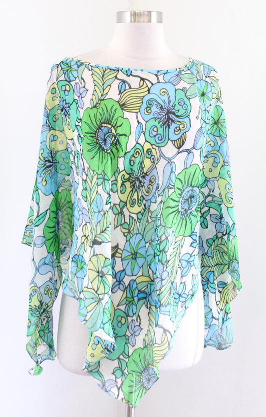 Kay Unger Blue Green Floral Silk Poncho Style Topper Blouse One Size XS S M Boho