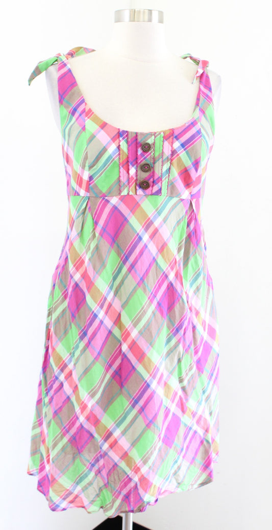 Lilly Pulitzer Pink Green Colorful Madras Plaid Tie Sleeve Dress Size 6 Sheath