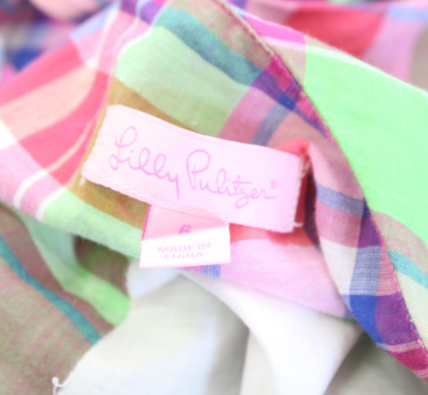 Lilly Pulitzer Pink Green Colorful Madras Plaid Tie Sleeve Dress Size 6 Sheath