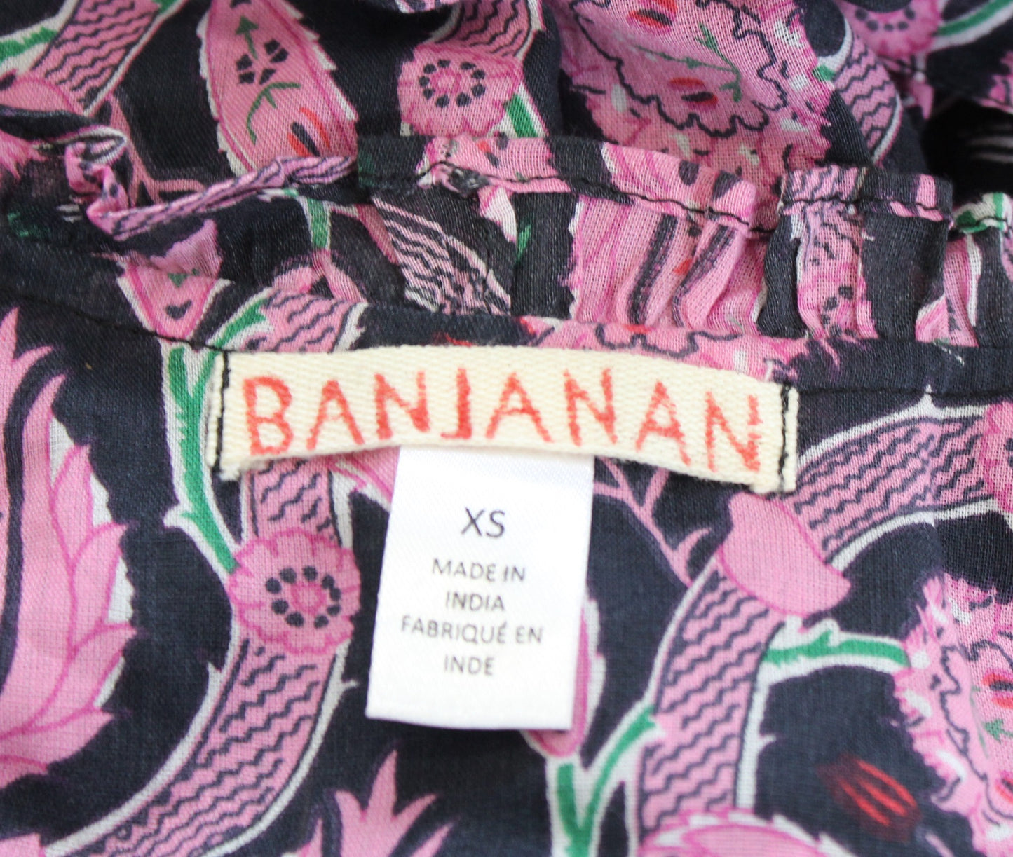 Banjanan Black Pink Block Floral Print Ruffle Midi Bourbon Dress Size XS V Neck