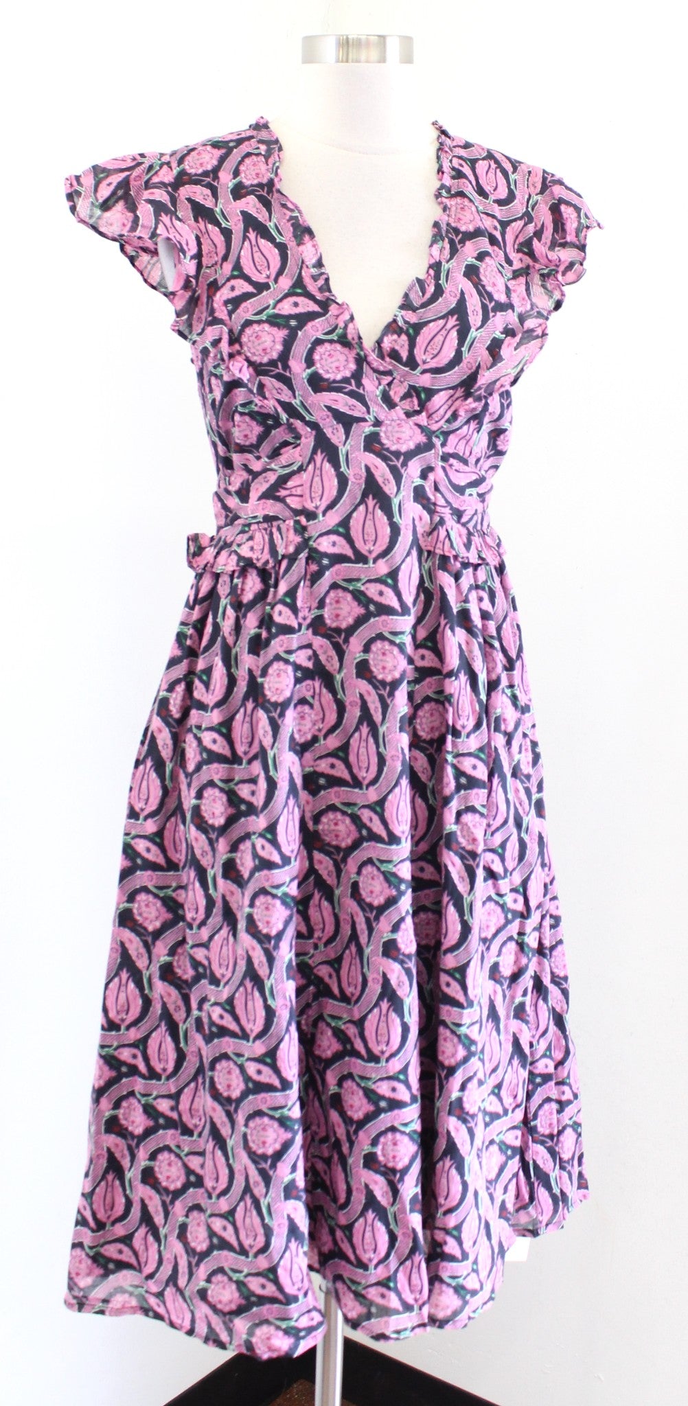 Banjanan Black Pink Block Floral Print Ruffle Midi Bourbon Dress Size XS V Neck