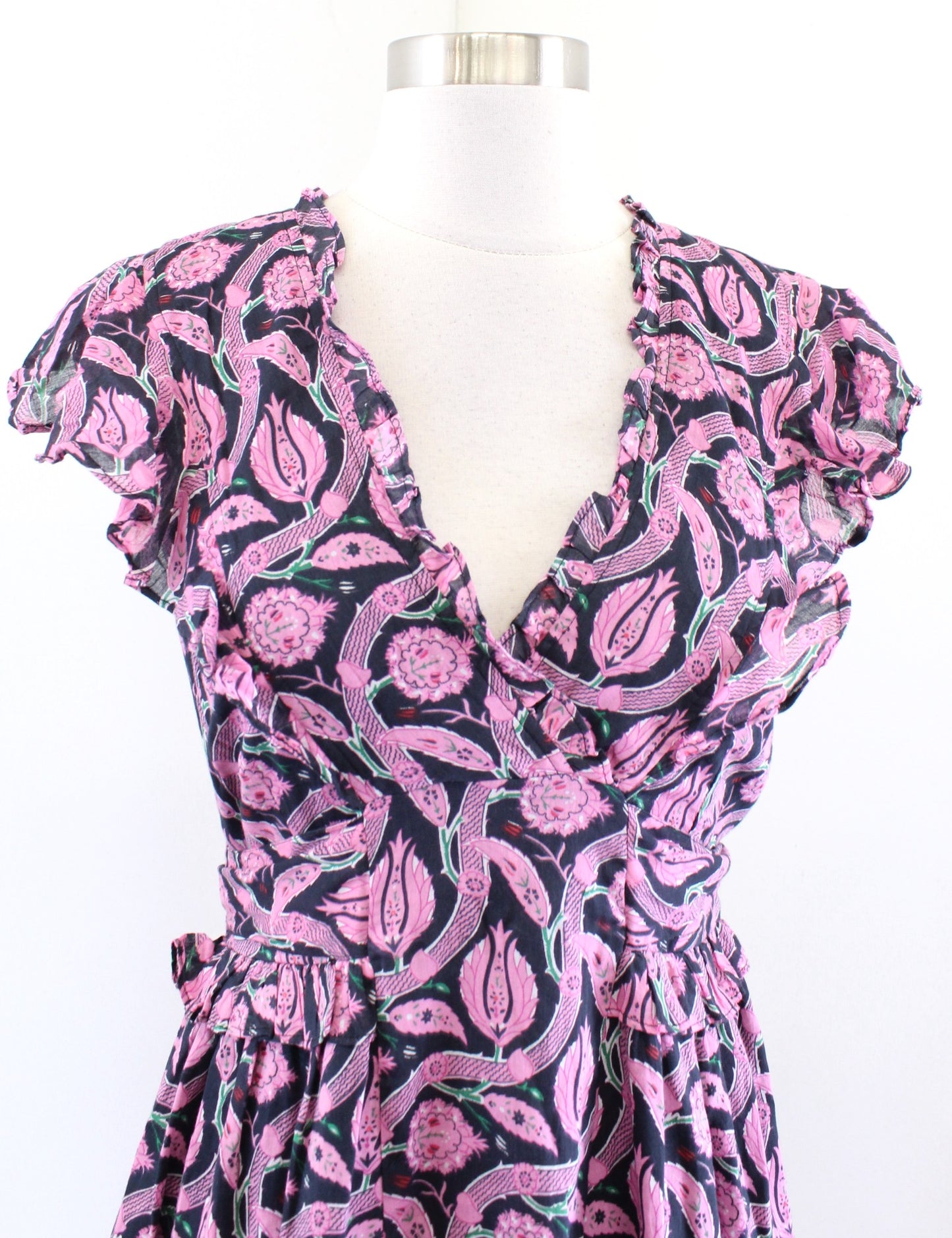Banjanan Black Pink Block Floral Print Ruffle Midi Bourbon Dress Size XS V Neck