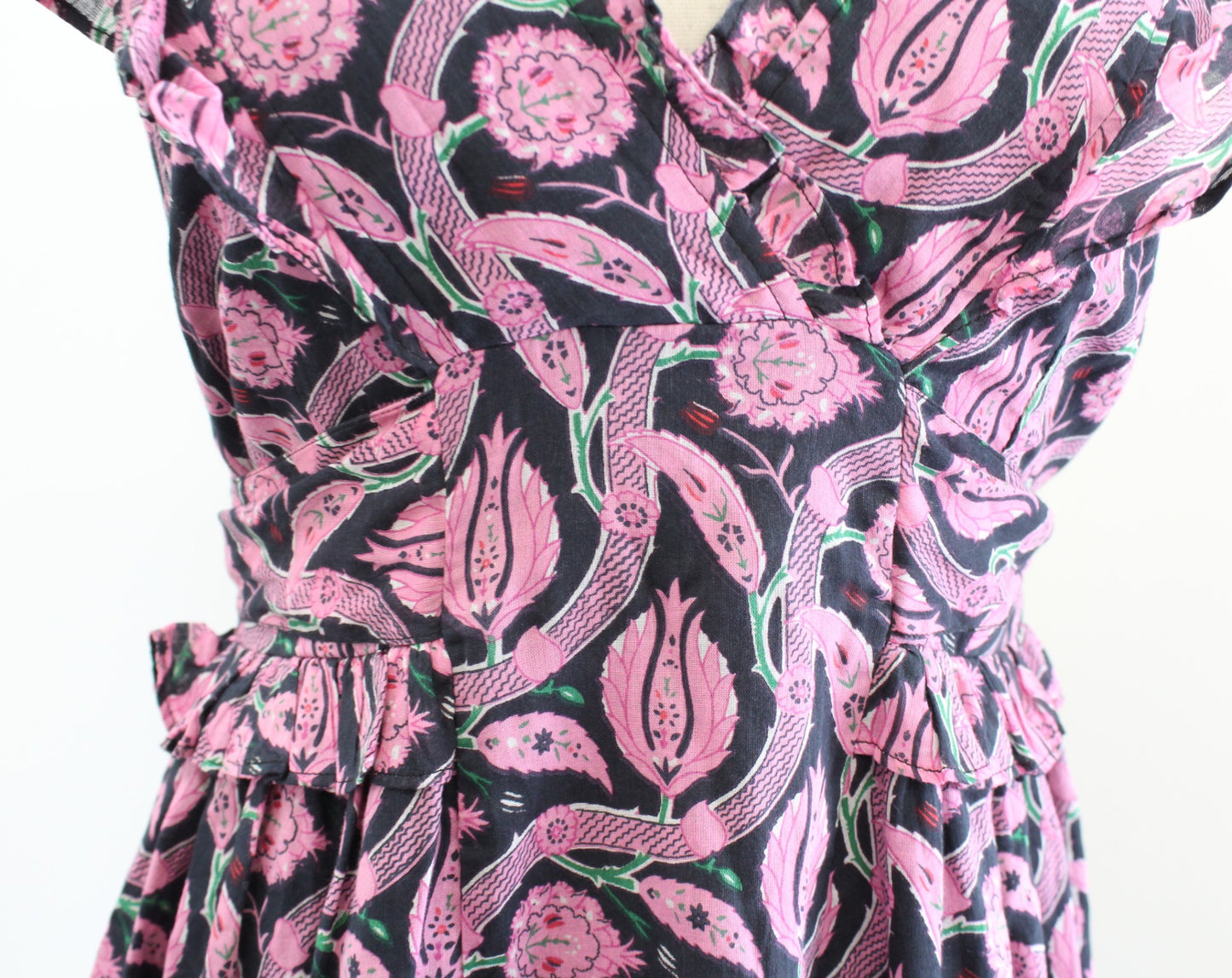 Banjanan Black Pink Block Floral Print Ruffle Midi Bourbon Dress Size XS V Neck