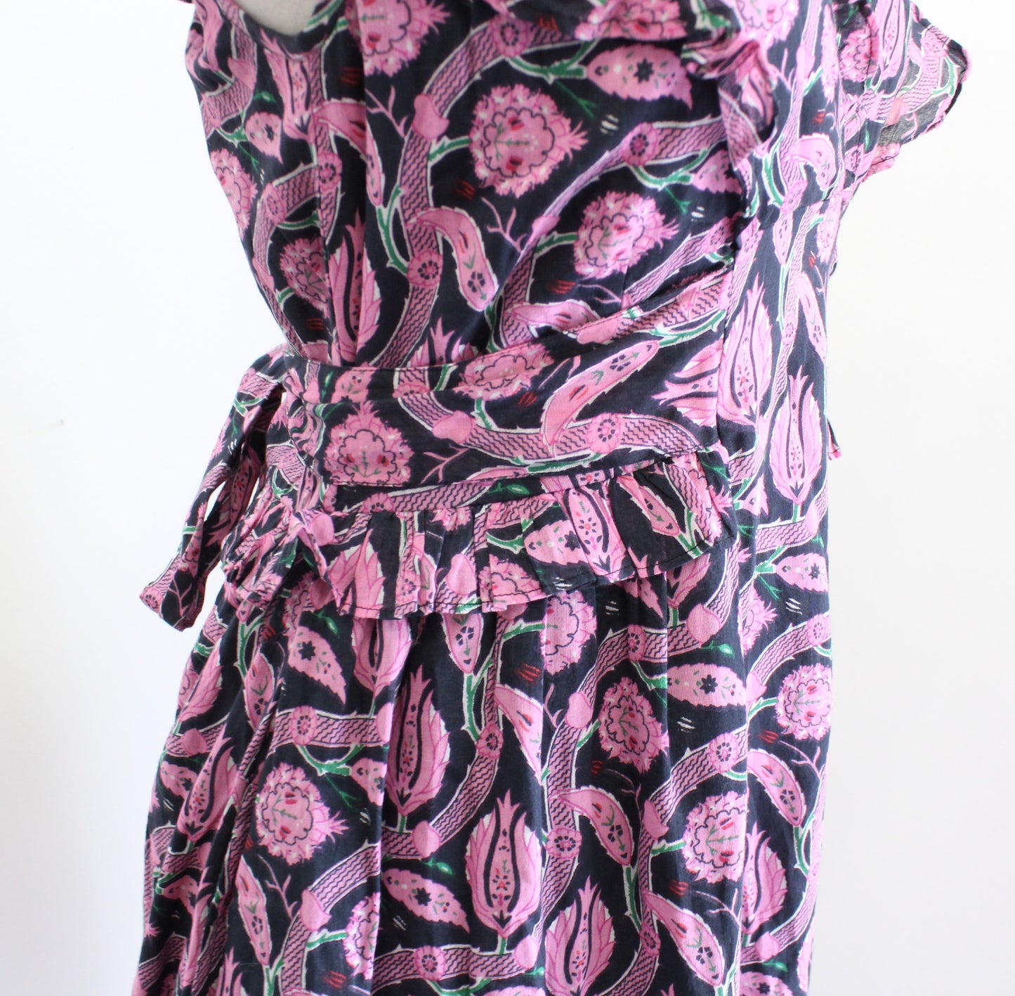 Banjanan Black Pink Block Floral Print Ruffle Midi Bourbon Dress Size XS V Neck