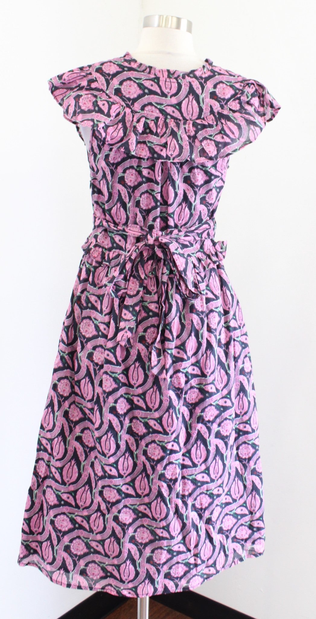 Banjanan Black Pink Block Floral Print Ruffle Midi Bourbon Dress Size XS V Neck