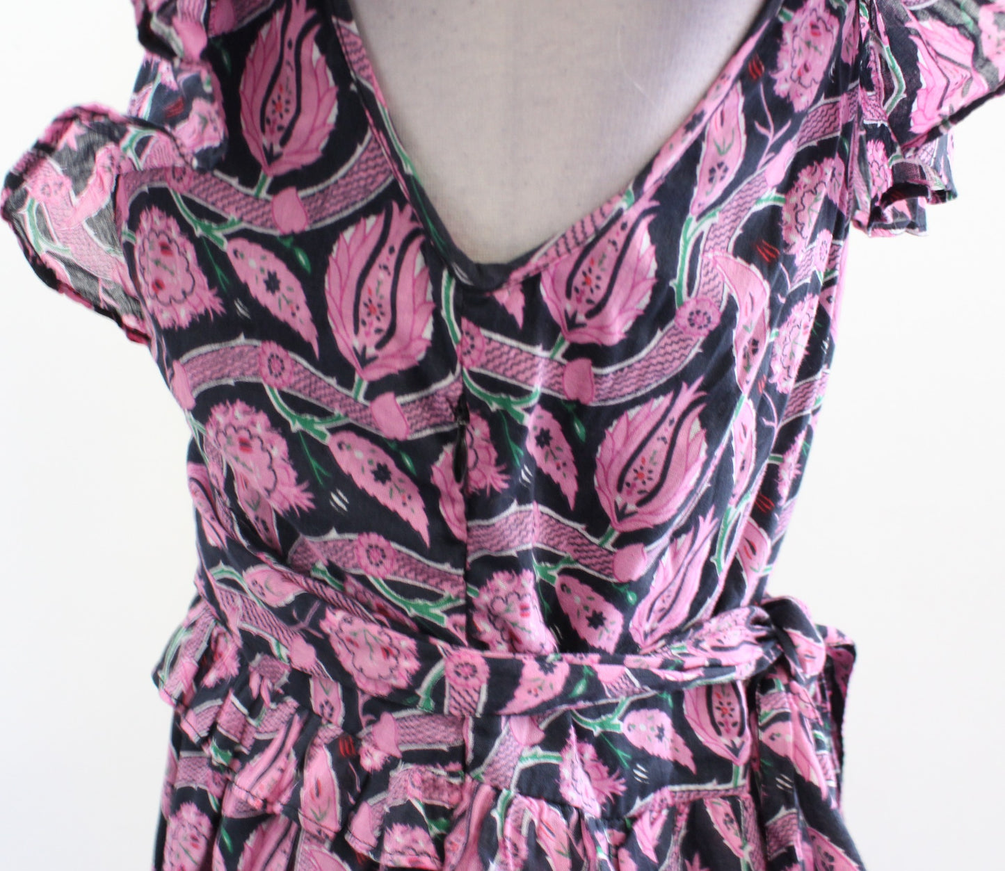 Banjanan Black Pink Block Floral Print Ruffle Midi Bourbon Dress Size XS V Neck