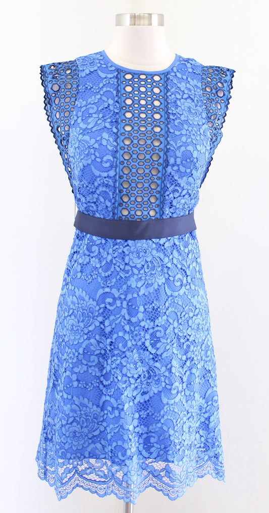 Sandro Paris Handi Blue Lace Eyelet Ruffle Sheath Dress Size 36 Cocktail Party