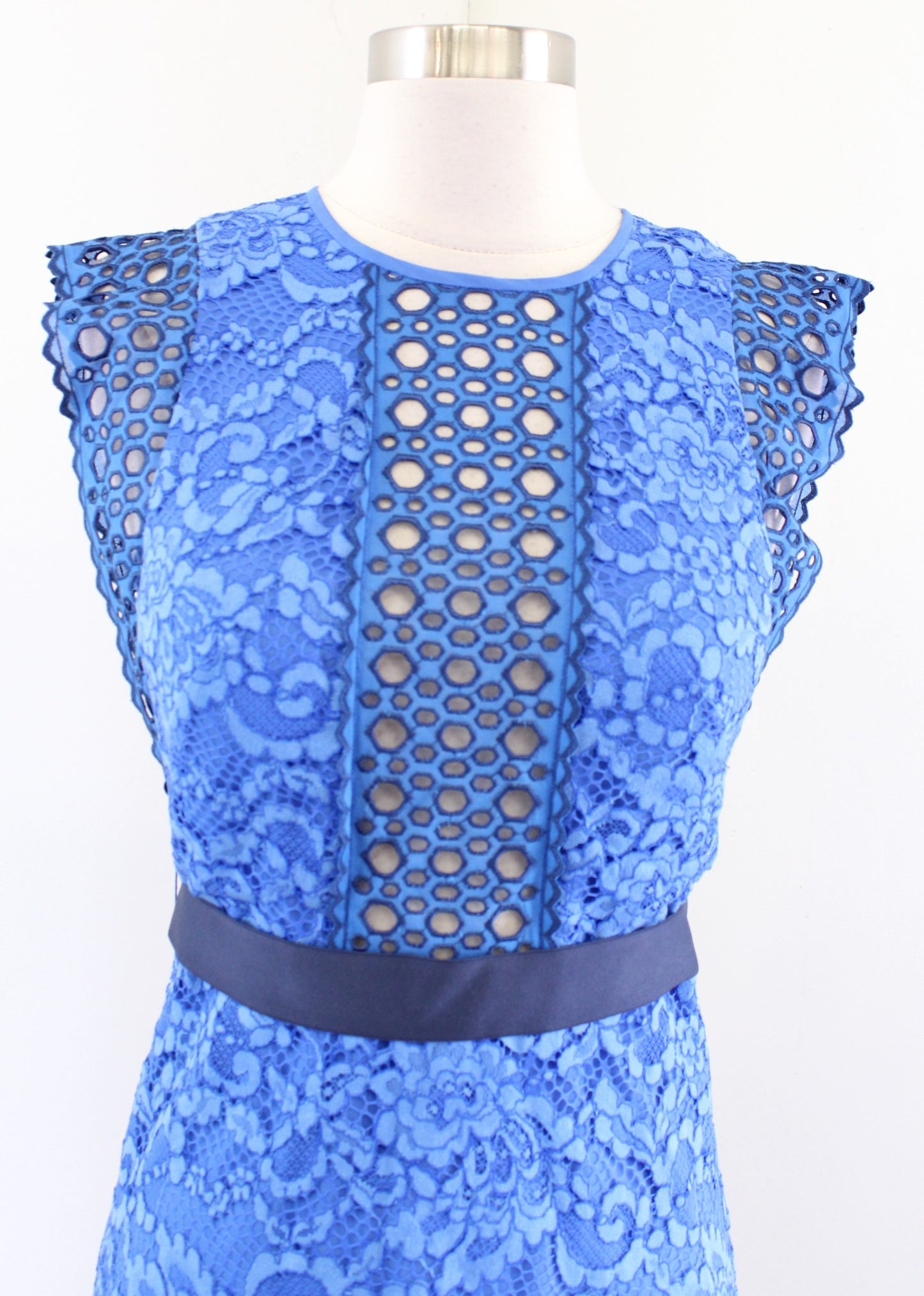 Sandro Paris Handi Blue Lace Eyelet Ruffle Sheath Dress Size 36 Cocktail Party