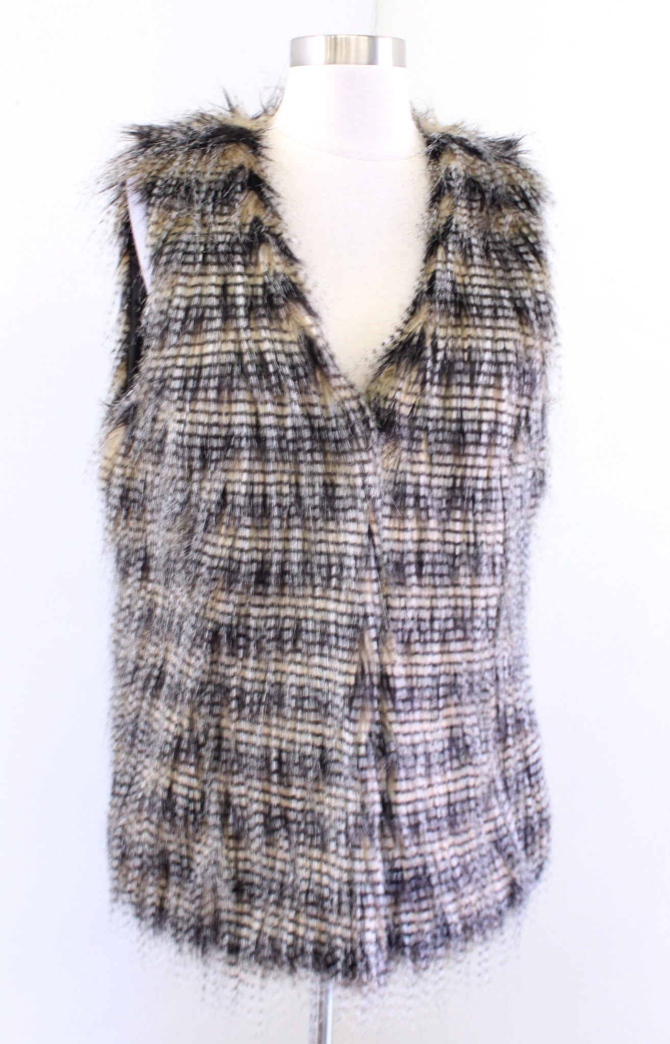 Tyler Boe Womens Faux Fur Vest Size M Black Brown Striped Fuzzy Topper