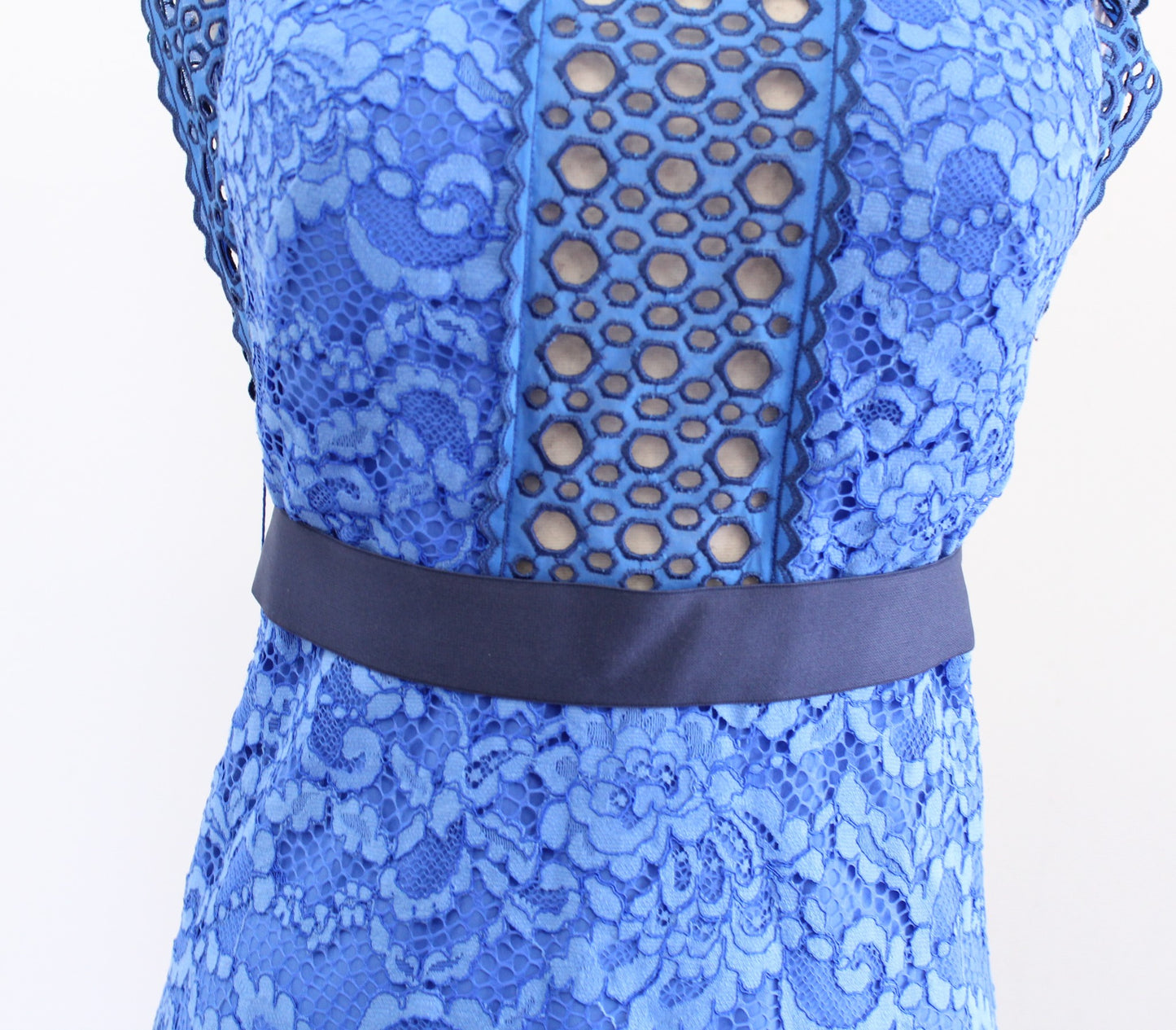 Sandro Paris Handi Blue Lace Eyelet Ruffle Sheath Dress Size 36 Cocktail Party