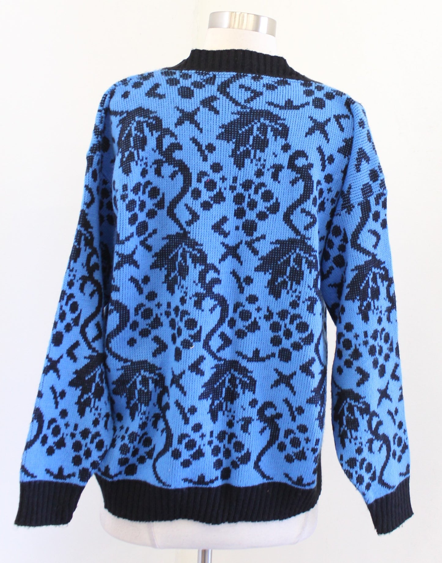 Vtg 90s Black Blue Geometric Floral Print V Neck Cardigan Sweater Size L