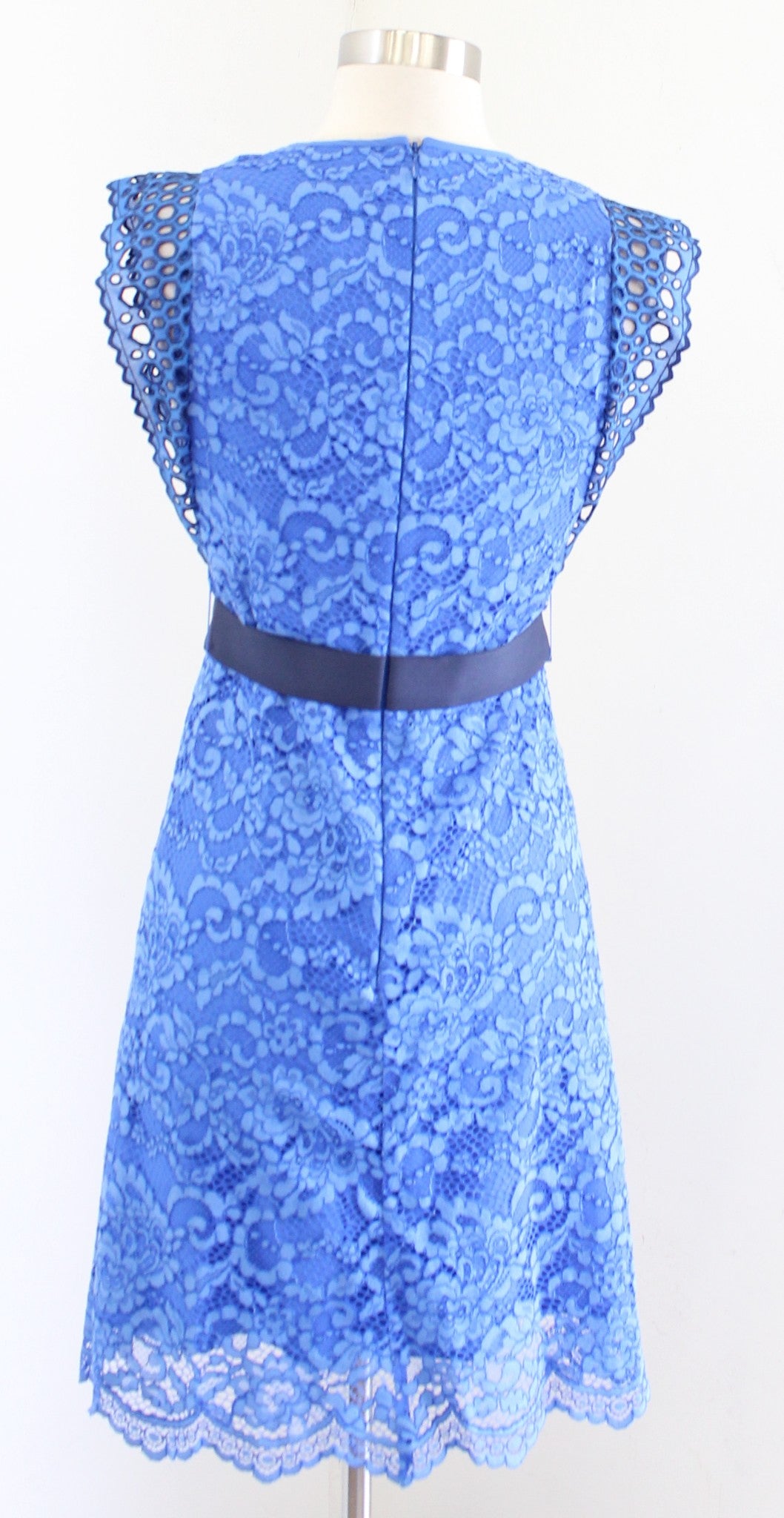 Sandro Paris Handi Blue Lace Eyelet Ruffle Sheath Dress Size 36 Cocktail Party