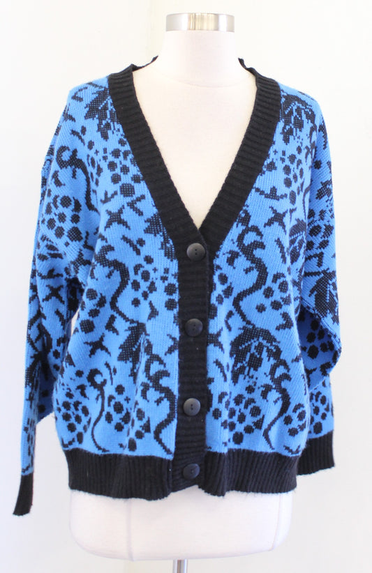 Vtg 90s Black Blue Geometric Floral Print V Neck Cardigan Sweater Size L