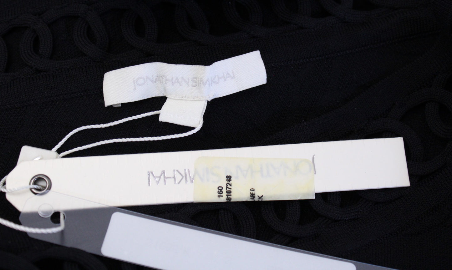 NWT Jonathan Simkhai Black Structured Knit Off Shoulder Eyelet Flounce Dress S