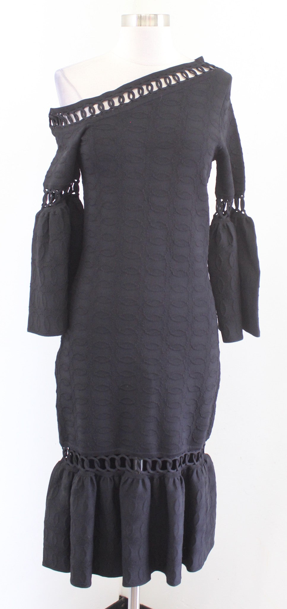 NWT Jonathan Simkhai Black Structured Knit Off Shoulder Eyelet Flounce Dress S