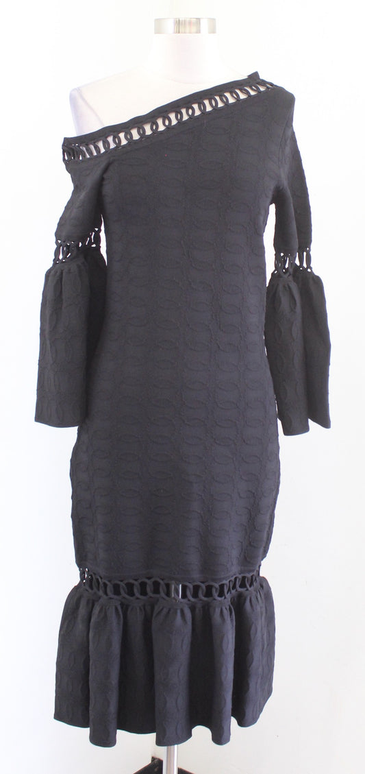 NWT Jonathan Simkhai Black Structured Knit Off Shoulder Eyelet Flounce Dress S