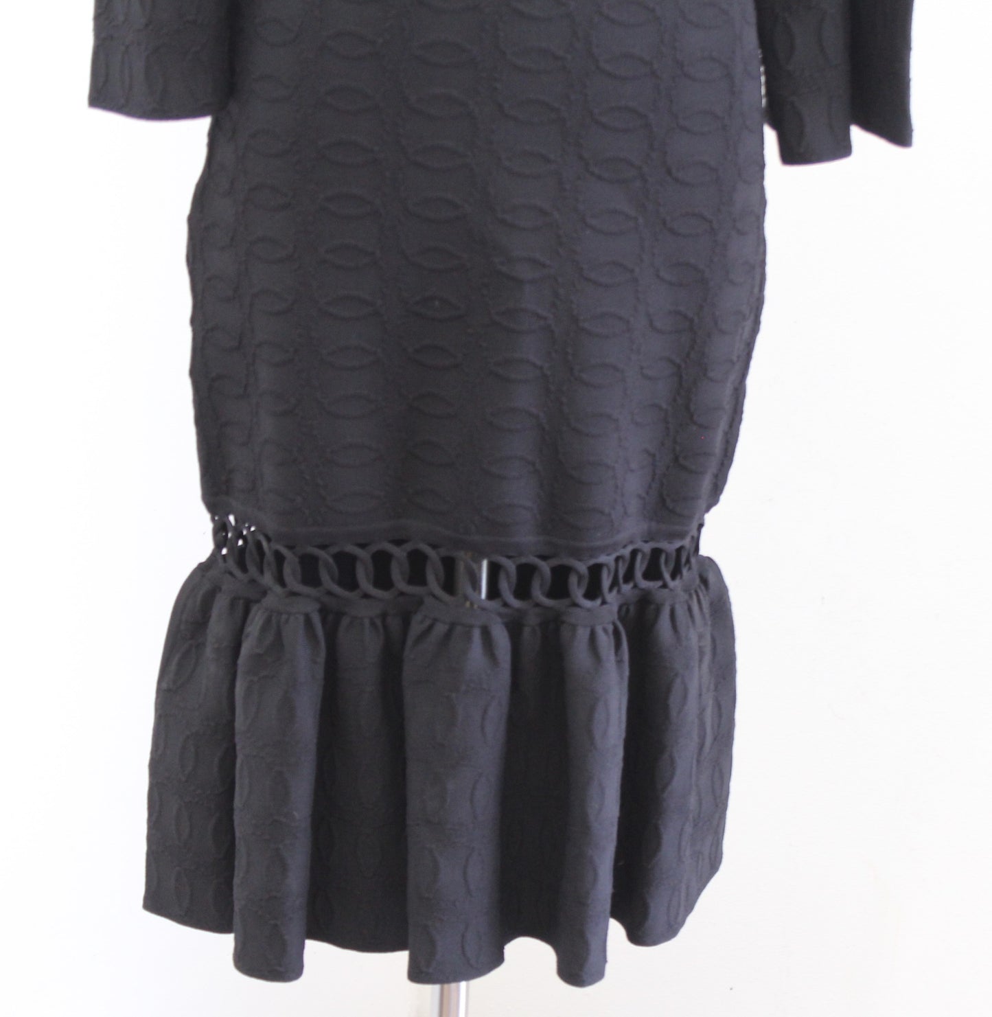 NWT Jonathan Simkhai Black Structured Knit Off Shoulder Eyelet Flounce Dress S