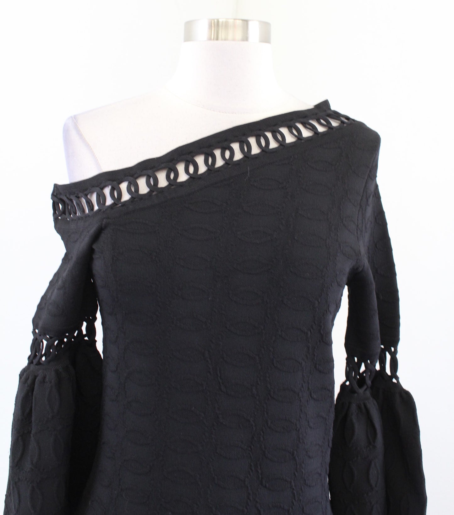 NWT Jonathan Simkhai Black Structured Knit Off Shoulder Eyelet Flounce Dress S
