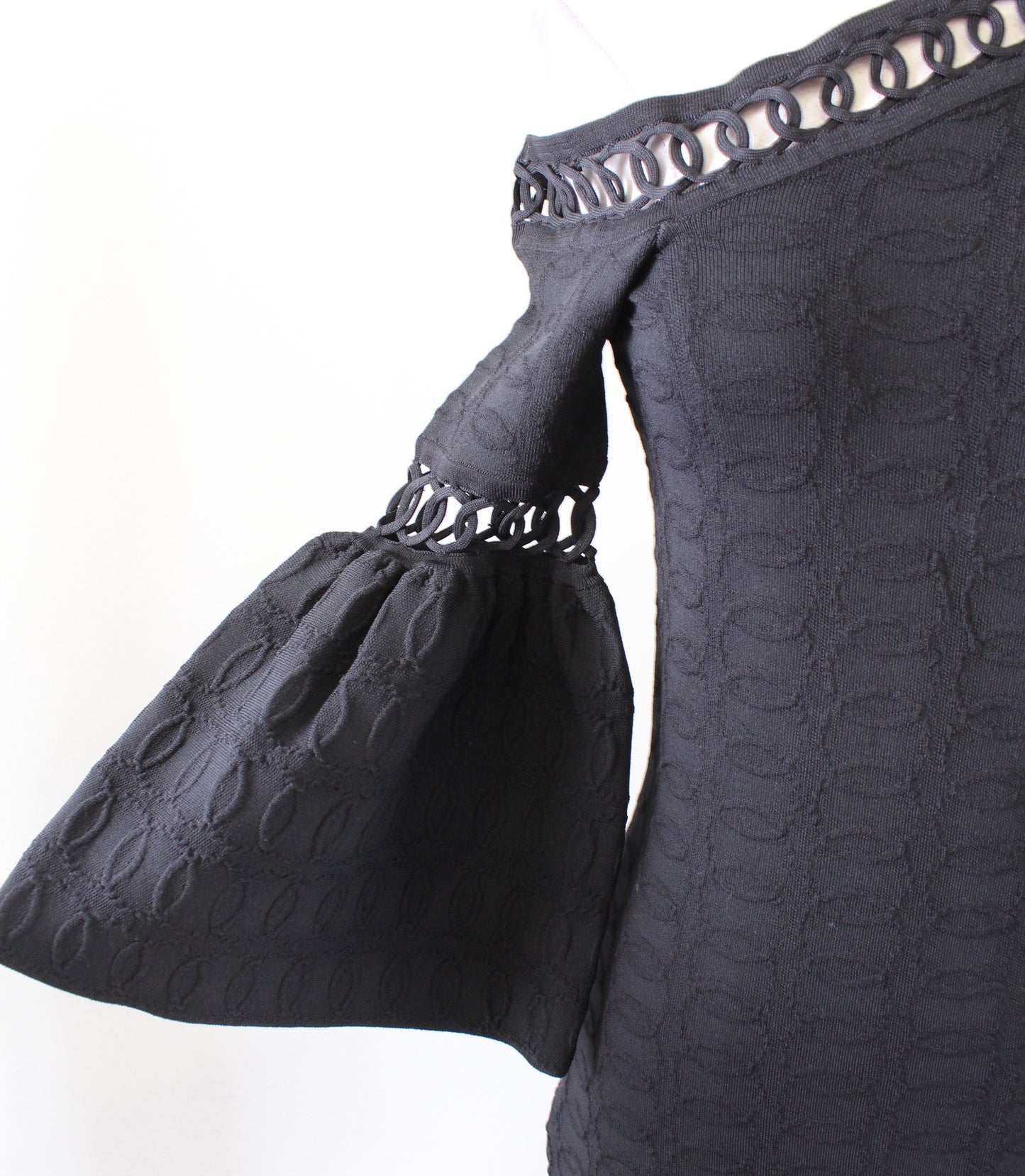 NWT Jonathan Simkhai Black Structured Knit Off Shoulder Eyelet Flounce Dress S