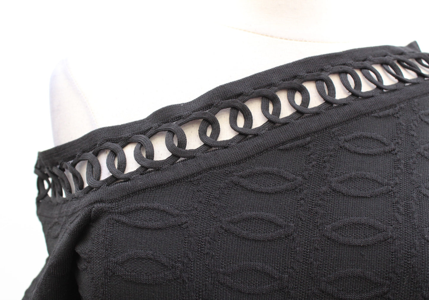 NWT Jonathan Simkhai Black Structured Knit Off Shoulder Eyelet Flounce Dress S