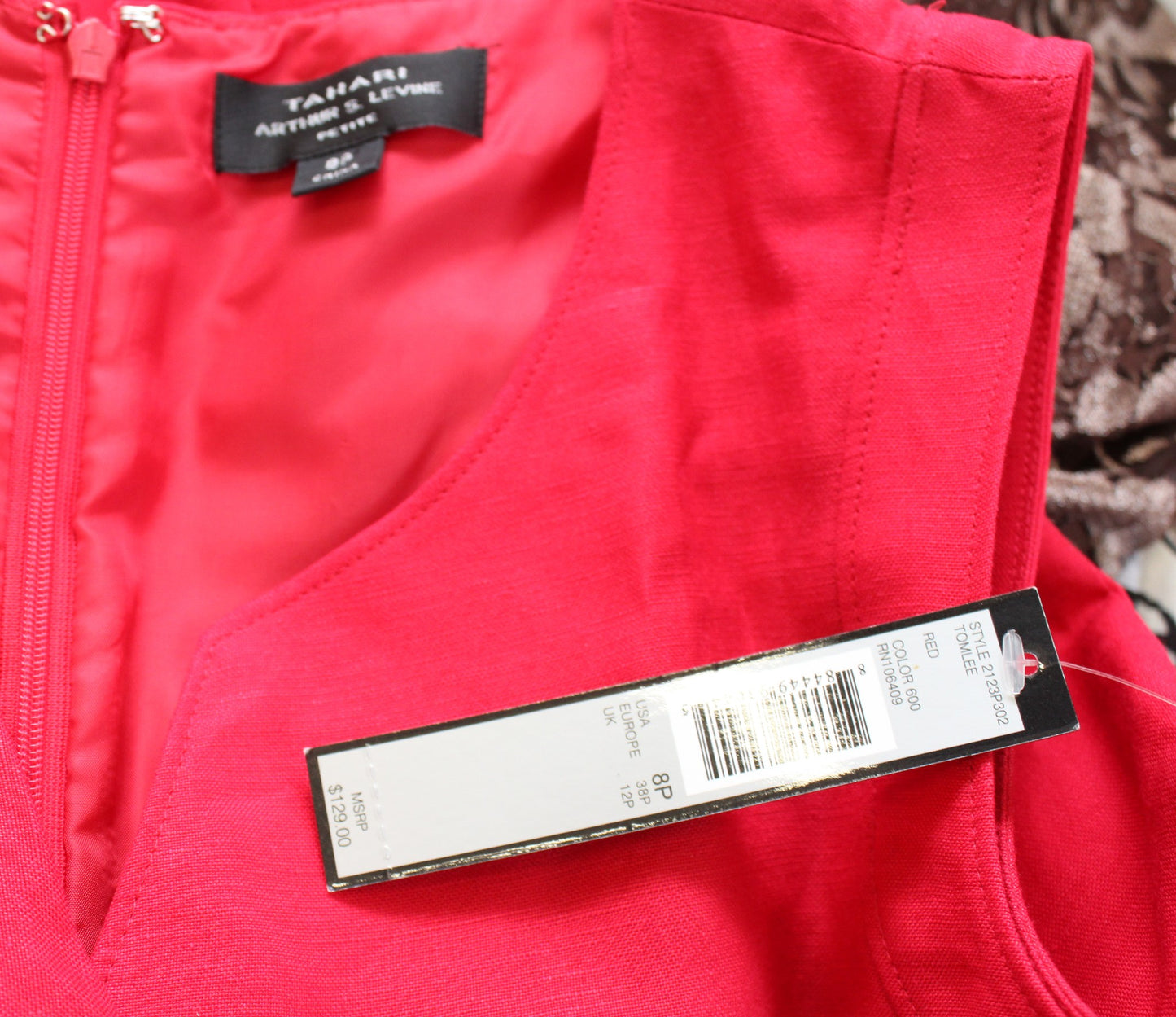 NWT Tahari ASL Levine Solid Red Ruffle Split Neck Linen Blend Sheath Dress Sz 8P