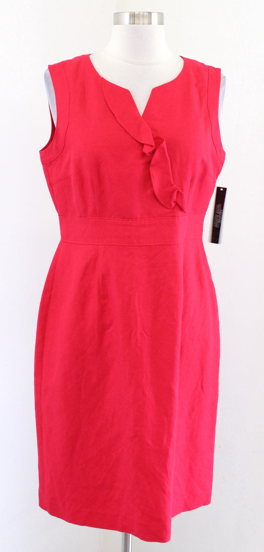 NWT Tahari ASL Levine Solid Red Ruffle Split Neck Linen Blend Sheath Dress Sz 8P