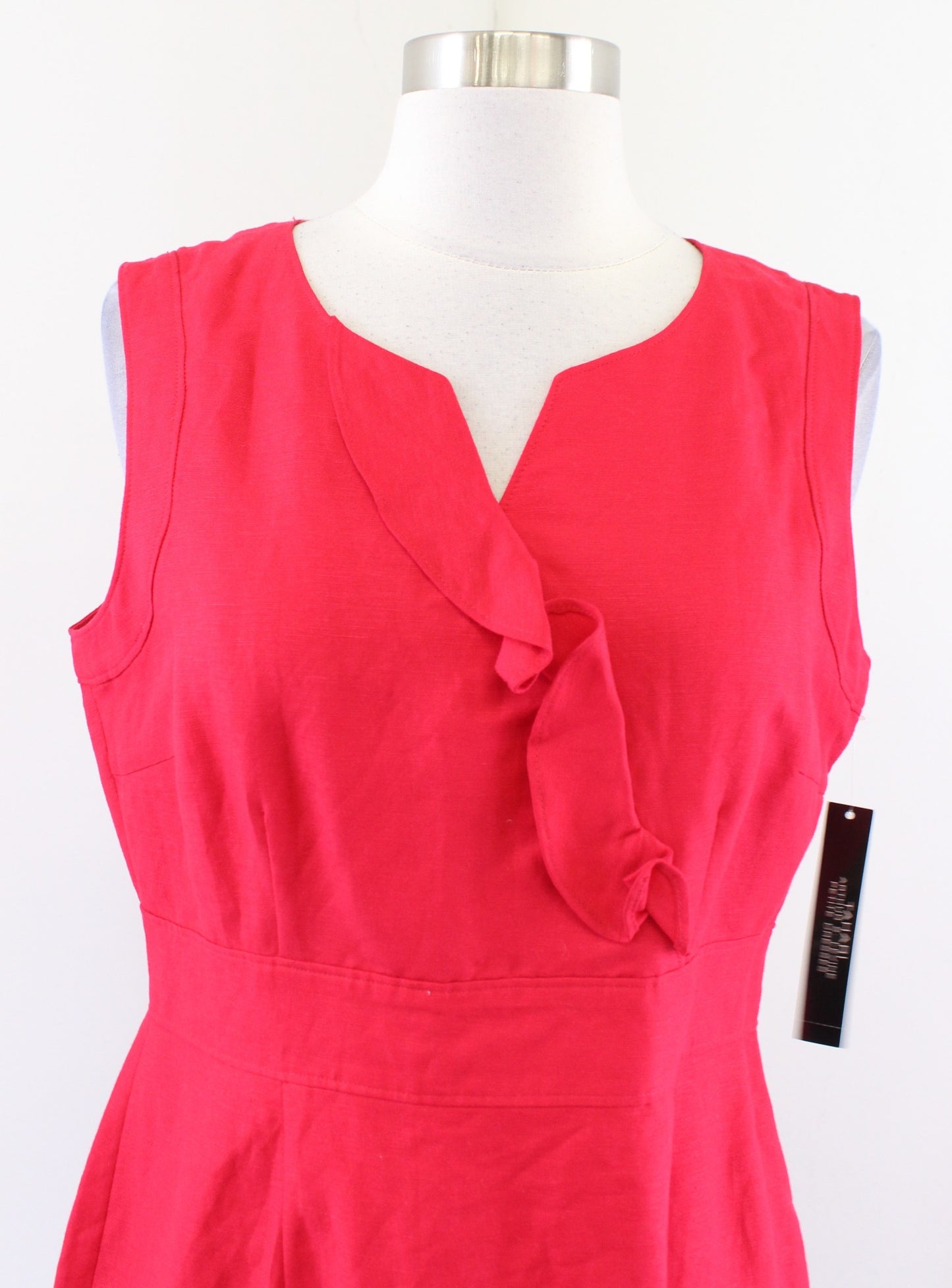 NWT Tahari ASL Levine Solid Red Ruffle Split Neck Linen Blend Sheath Dress Sz 8P