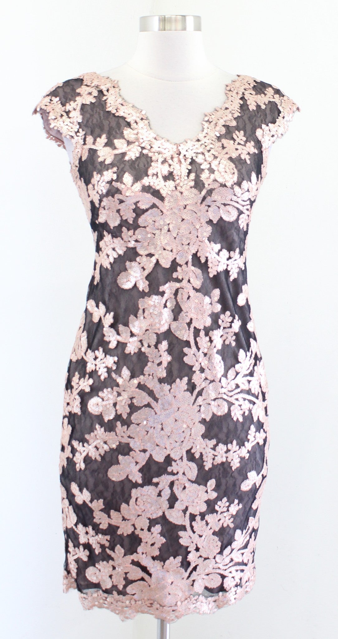 NWT Tadashi Shoji Dusty Pink Paillette Embroidered Lace V Neck Cocktail Dress 2P