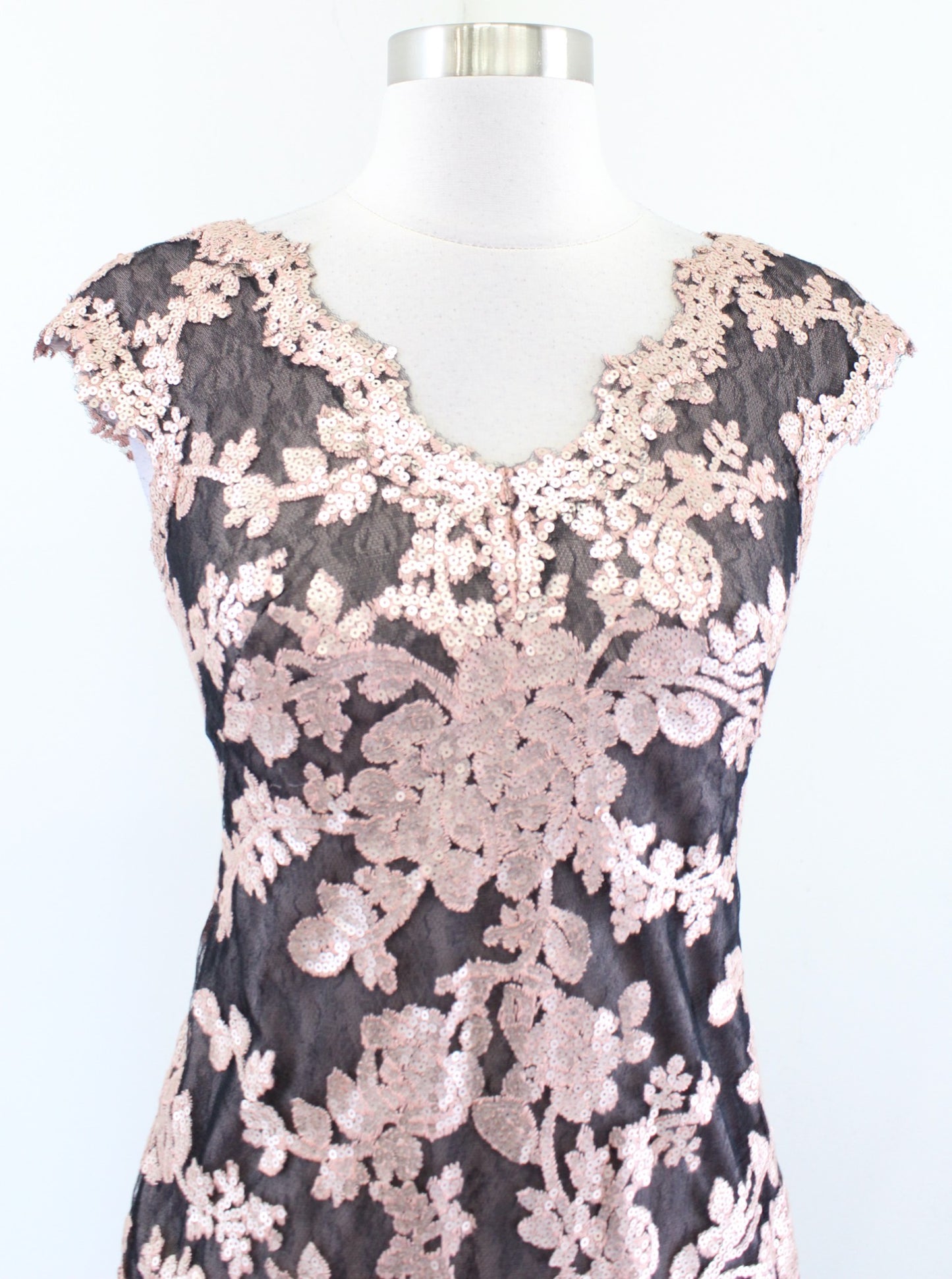 NWT Tadashi Shoji Dusty Pink Paillette Embroidered Lace V Neck Cocktail Dress 2P