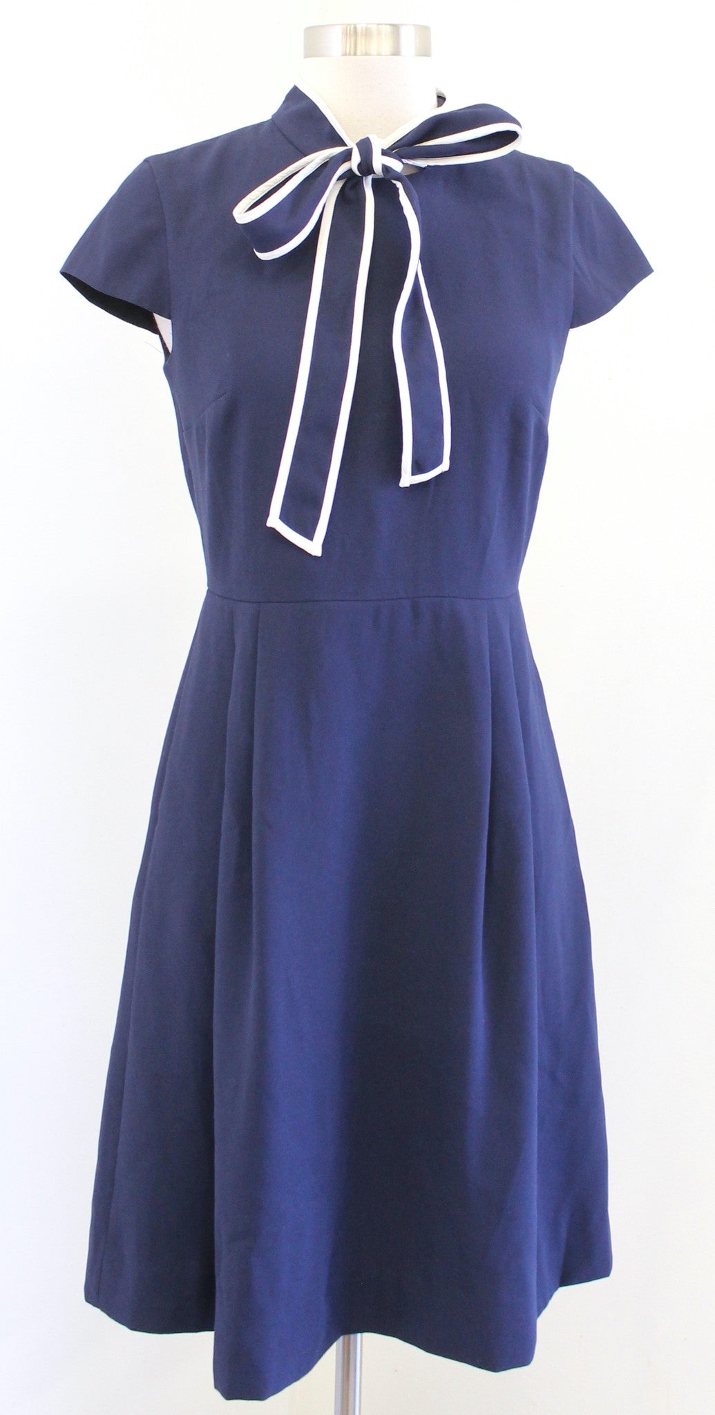 J Crew Navy Blue White Tipped Bow Tie Neck Dress in 365 Crepe Size 0 A Line