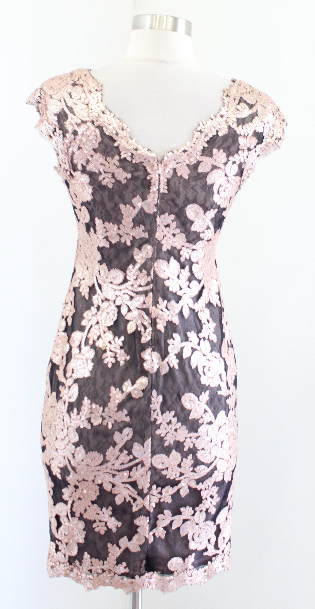 NWT Tadashi Shoji Dusty Pink Paillette Embroidered Lace V Neck Cocktail Dress 2P
