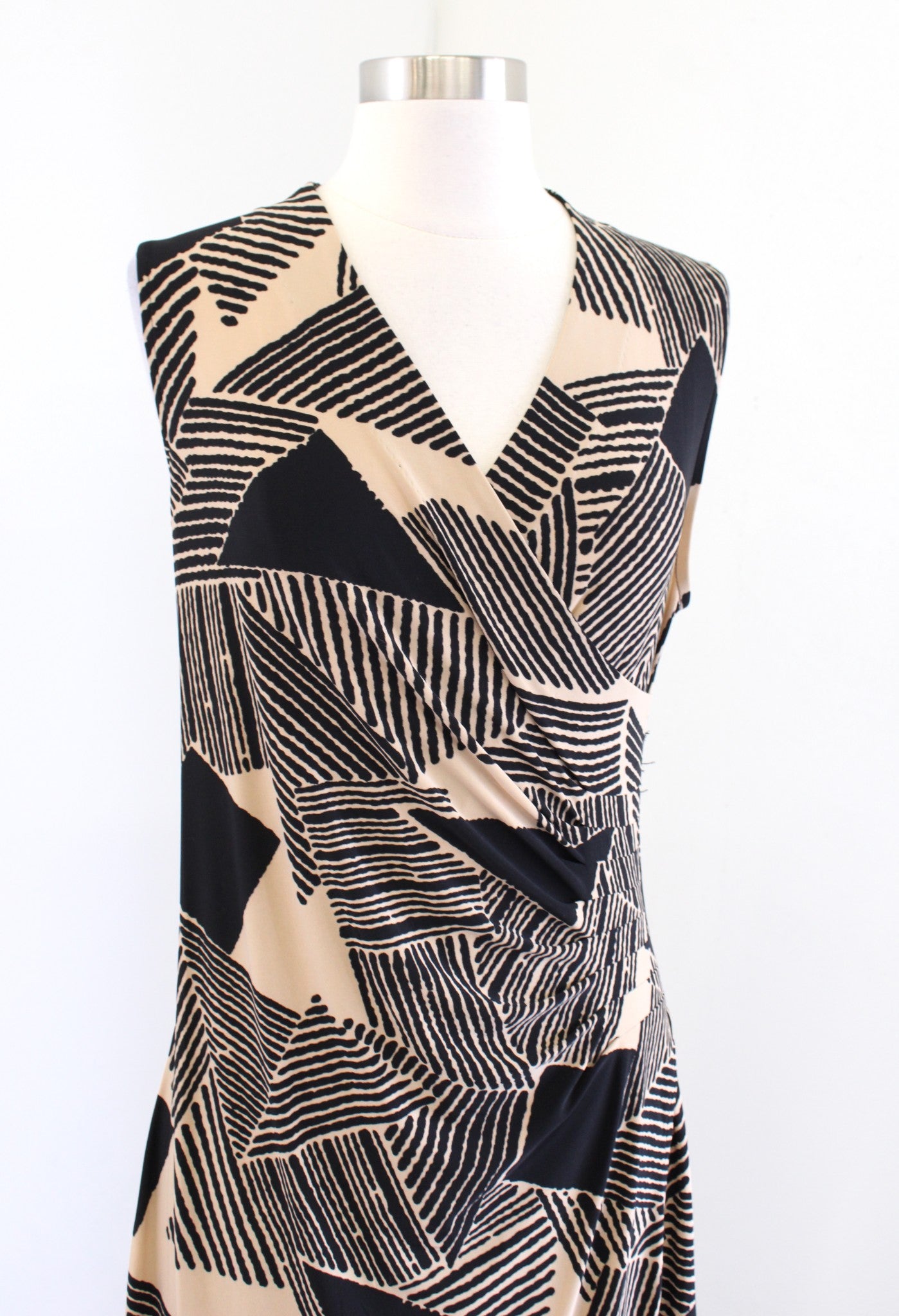 Lauren Ralph Lauren Black Tan Geometric Print Sleeveless Ruched Wiggle Dress M