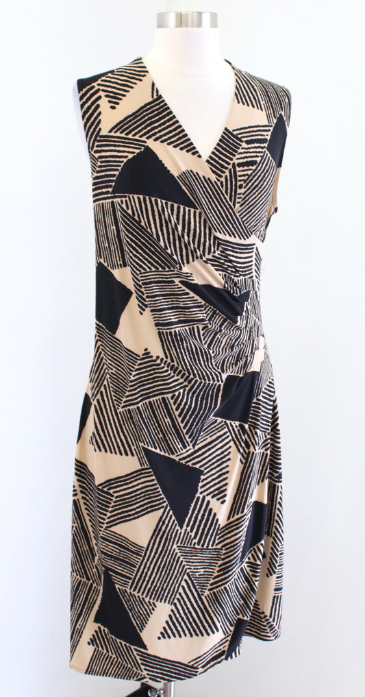 Lauren Ralph Lauren Black Tan Geometric Print Sleeveless Ruched Wiggle Dress M