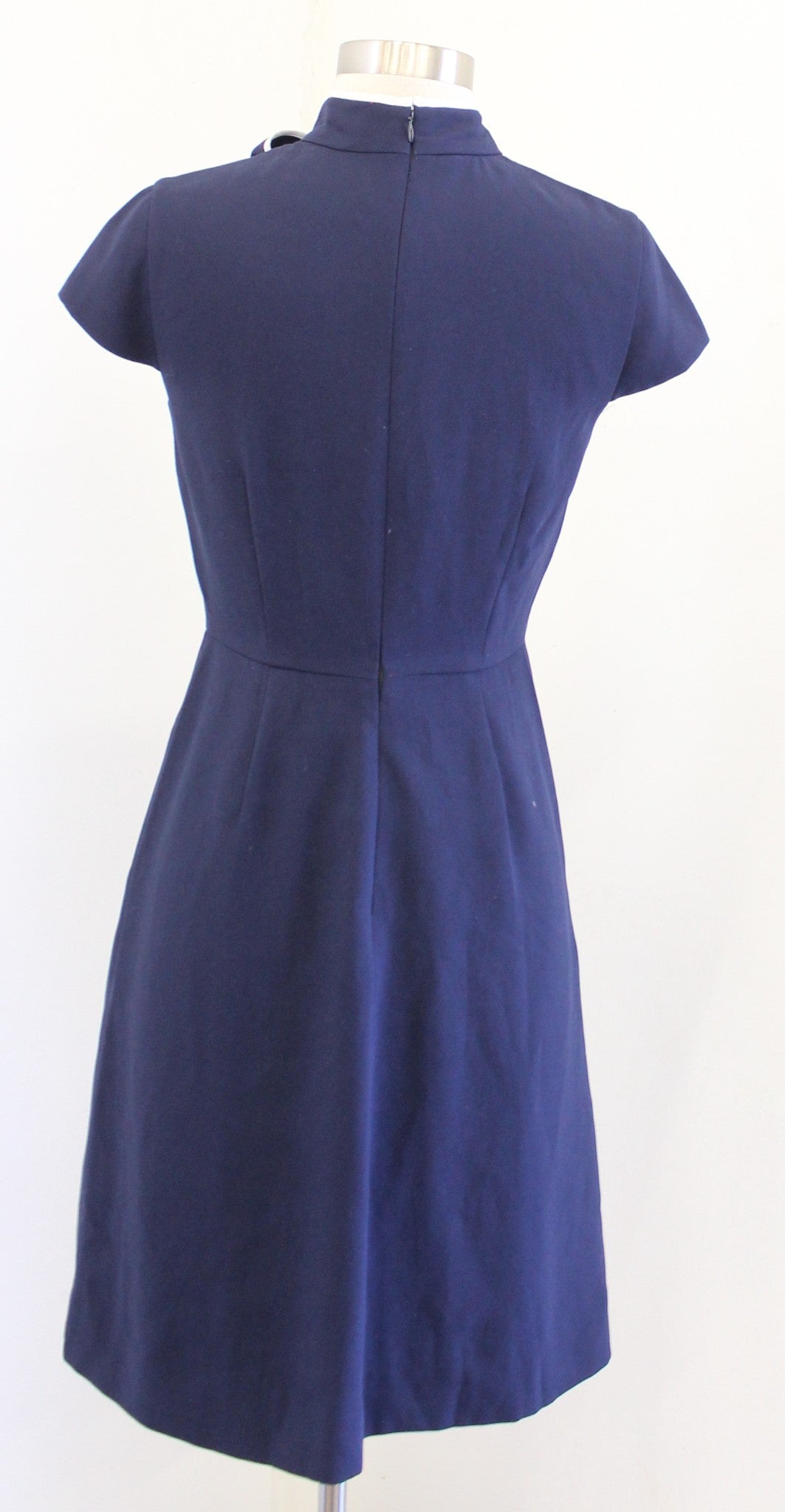 J Crew Navy Blue White Tipped Bow Tie Neck Dress in 365 Crepe Size 0 A Line