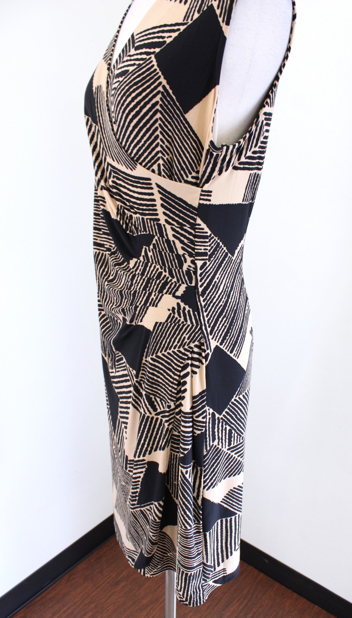 Lauren Ralph Lauren Black Tan Geometric Print Sleeveless Ruched Wiggle Dress M