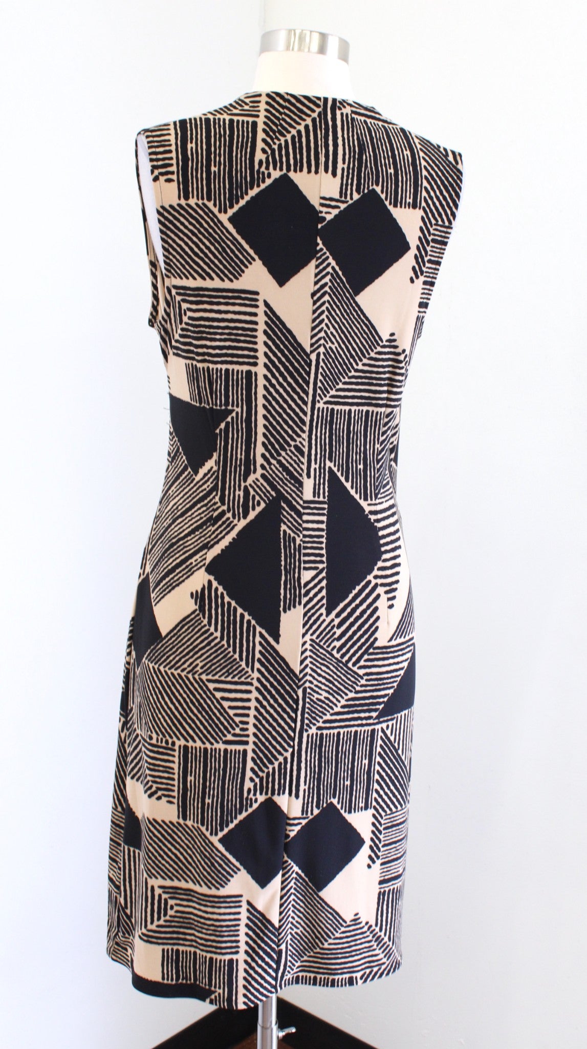 Lauren Ralph Lauren Black Tan Geometric Print Sleeveless Ruched Wiggle Dress M