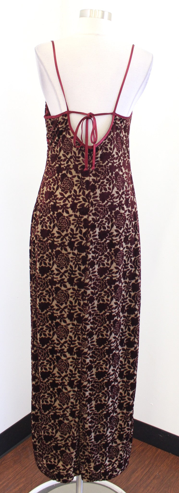 Vtg 90s Y2k Burgundy Floral Burnout Velvet Maxi Dress Size 11 / 12 Prom Party M?