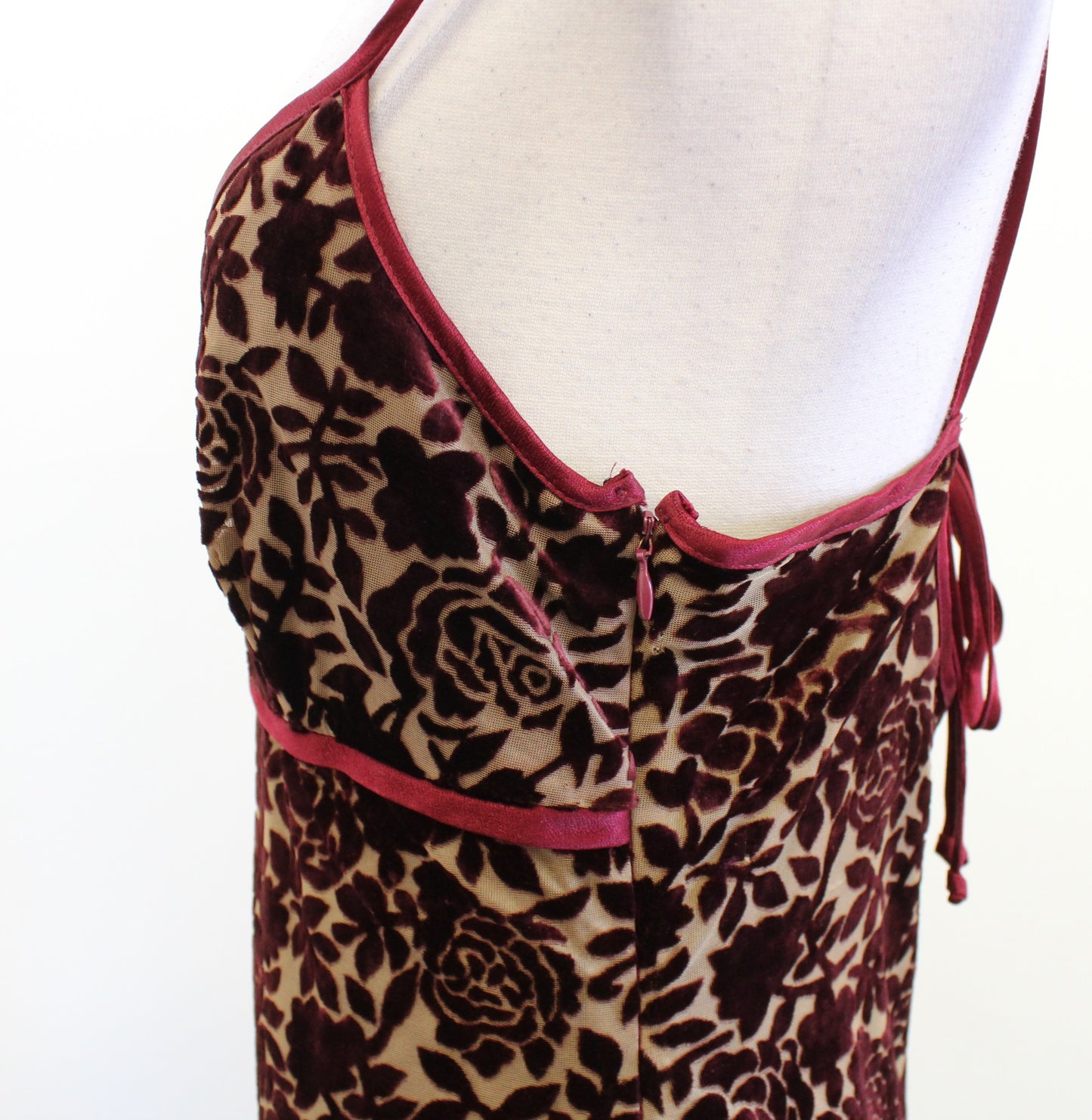 Vtg 90s Y2k Burgundy Floral Burnout Velvet Maxi Dress Size 11 / 12 Prom Party M?