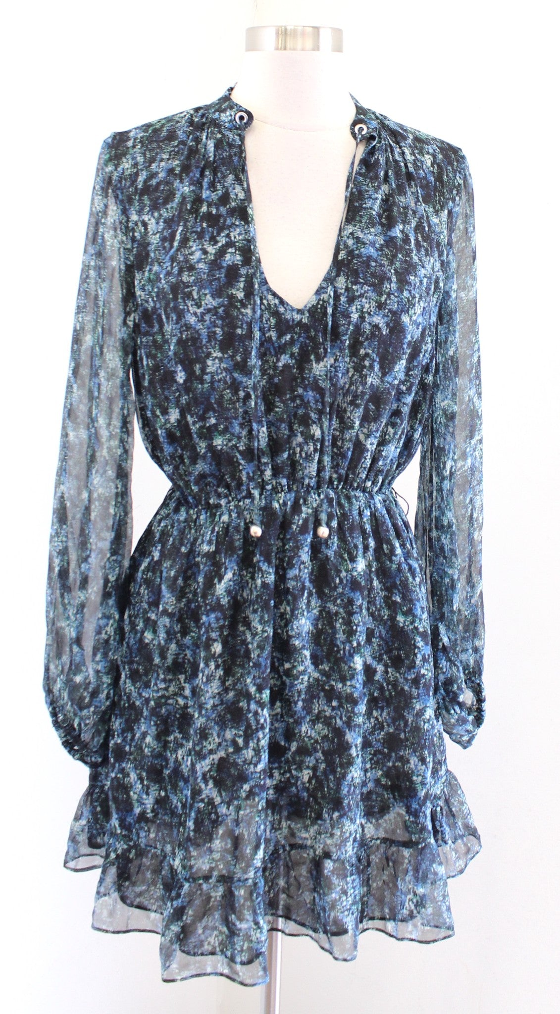 Intermix Black Blue Python Snakeskin Print Silk Chiffon Dress Size 2 Ruffle Hem