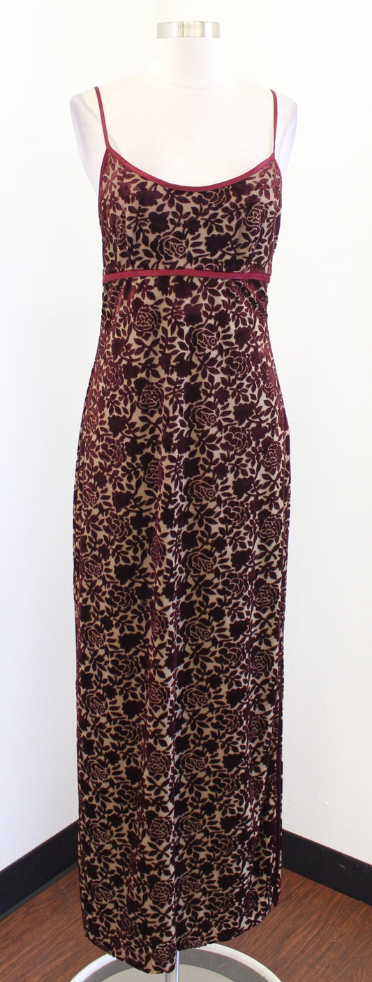 Vtg 90s Y2k Burgundy Floral Burnout Velvet Maxi Dress Size 11 / 12 Prom Party M?