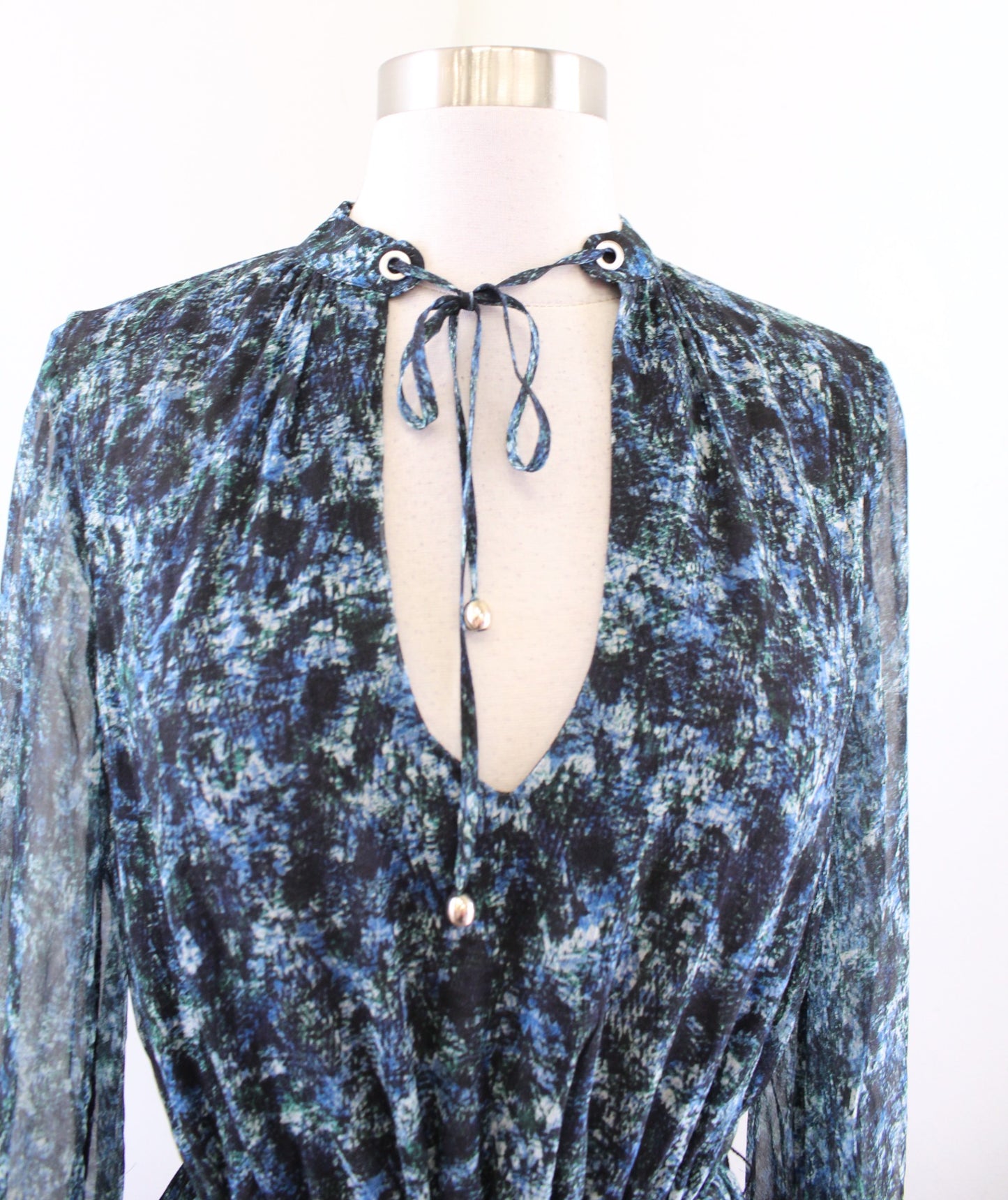 Intermix Black Blue Python Snakeskin Print Silk Chiffon Dress Size 2 Ruffle Hem