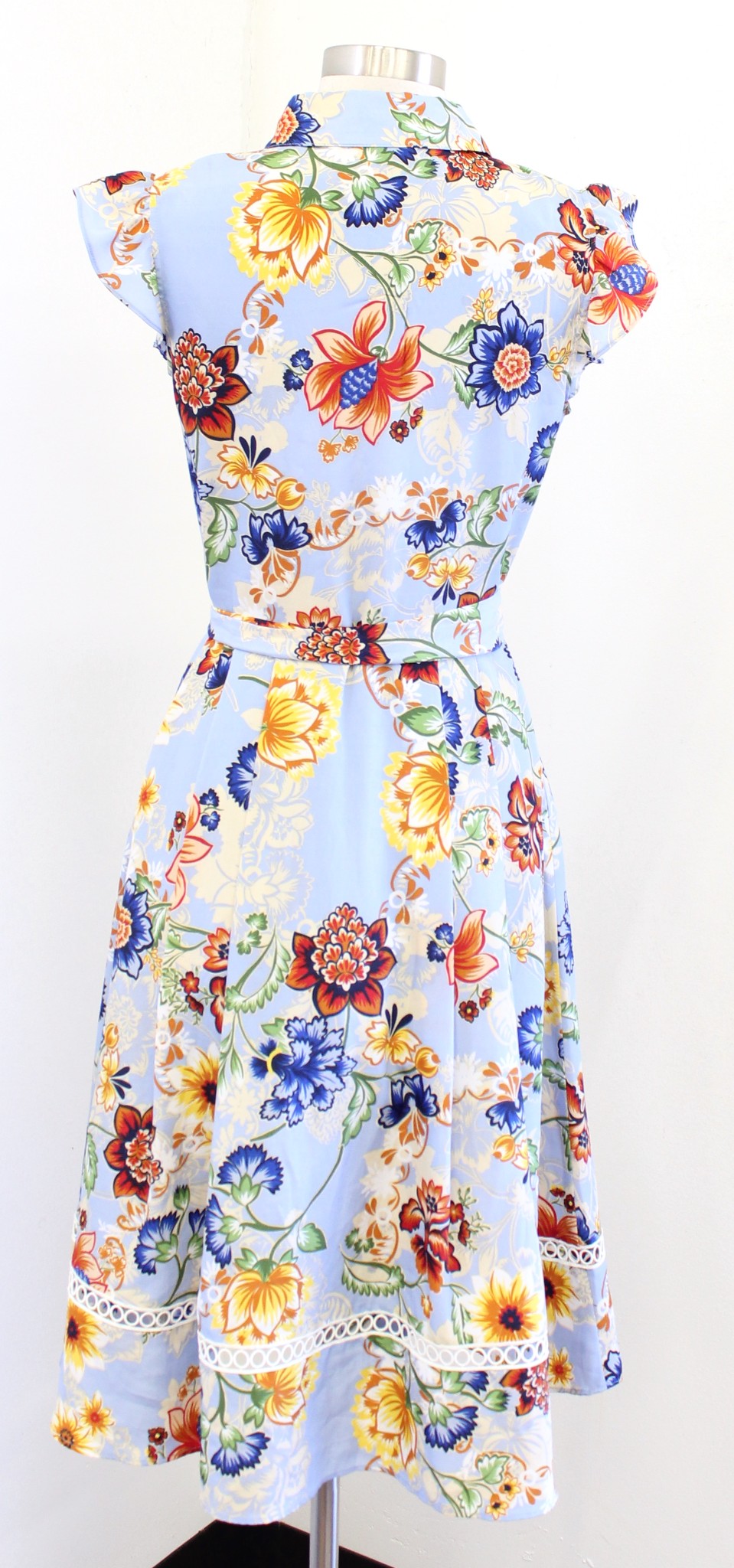 Tahari ASL Levine Blue Floral Flutter Sleeve Tie Waist Shirt Dress Size 2 Spring