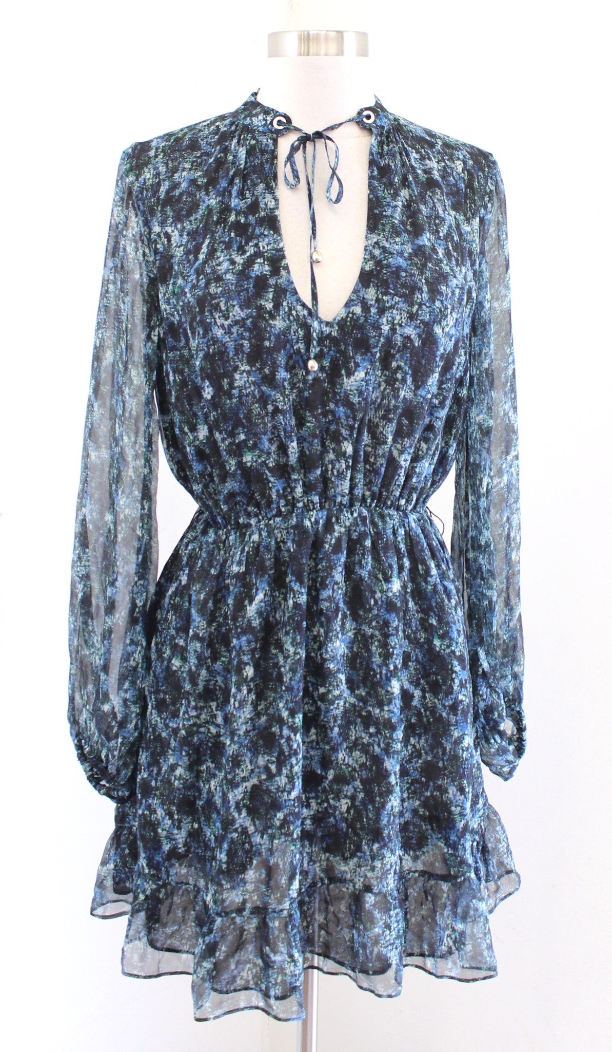 Intermix Black Blue Python Snakeskin Print Silk Chiffon Dress Size 2 Ruffle Hem