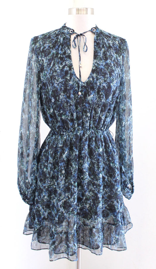 Intermix Black Blue Python Snakeskin Print Silk Chiffon Dress Size 2 Ruffle Hem