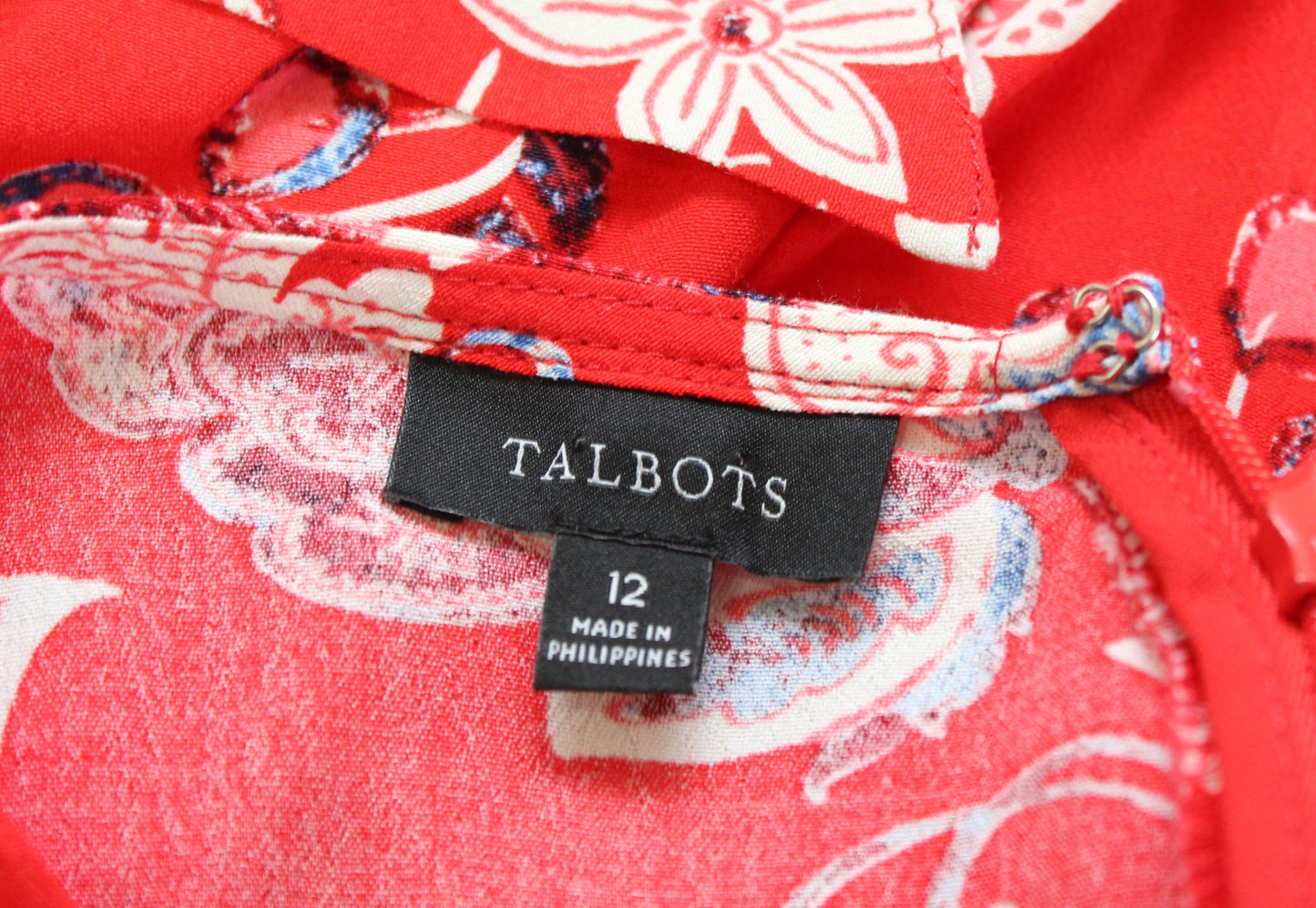 Talbots Red Blue Floral Tie Waist Belted Midi Shirt Dress Size 12 V Neck