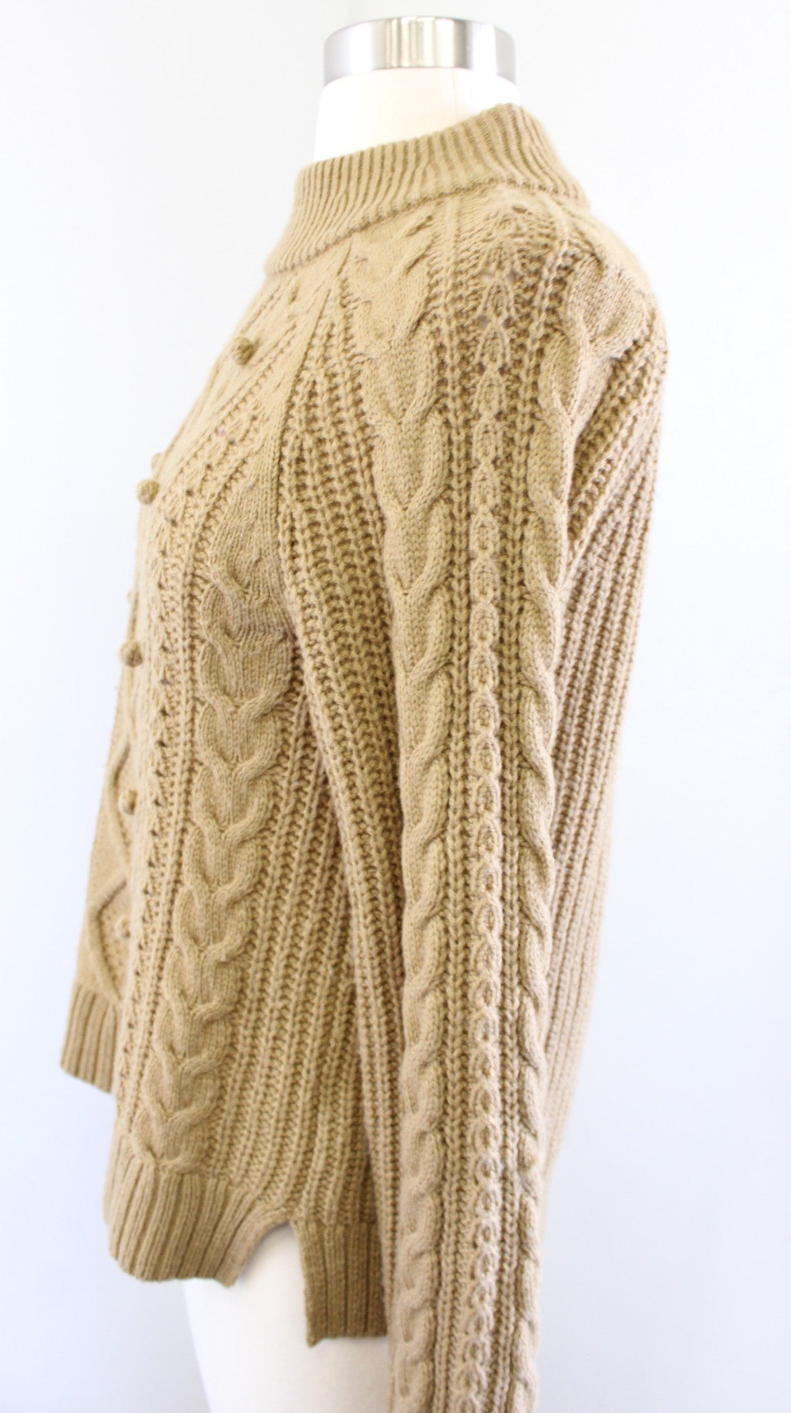 J Crew Womens Tan Pompom Cable Knit Pullover Sweater Size S Lambswool