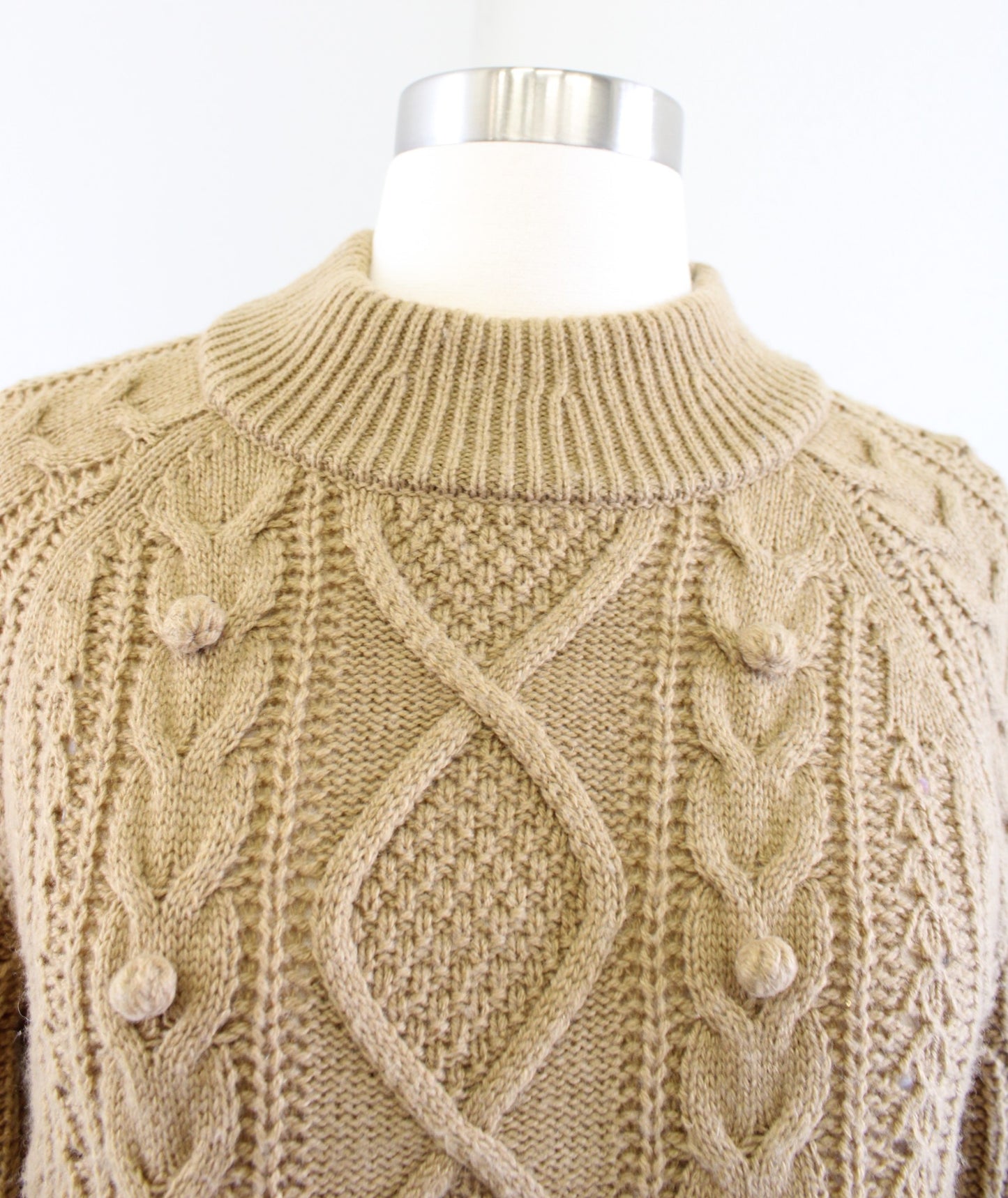 J Crew Womens Tan Pompom Cable Knit Pullover Sweater Size S Lambswool