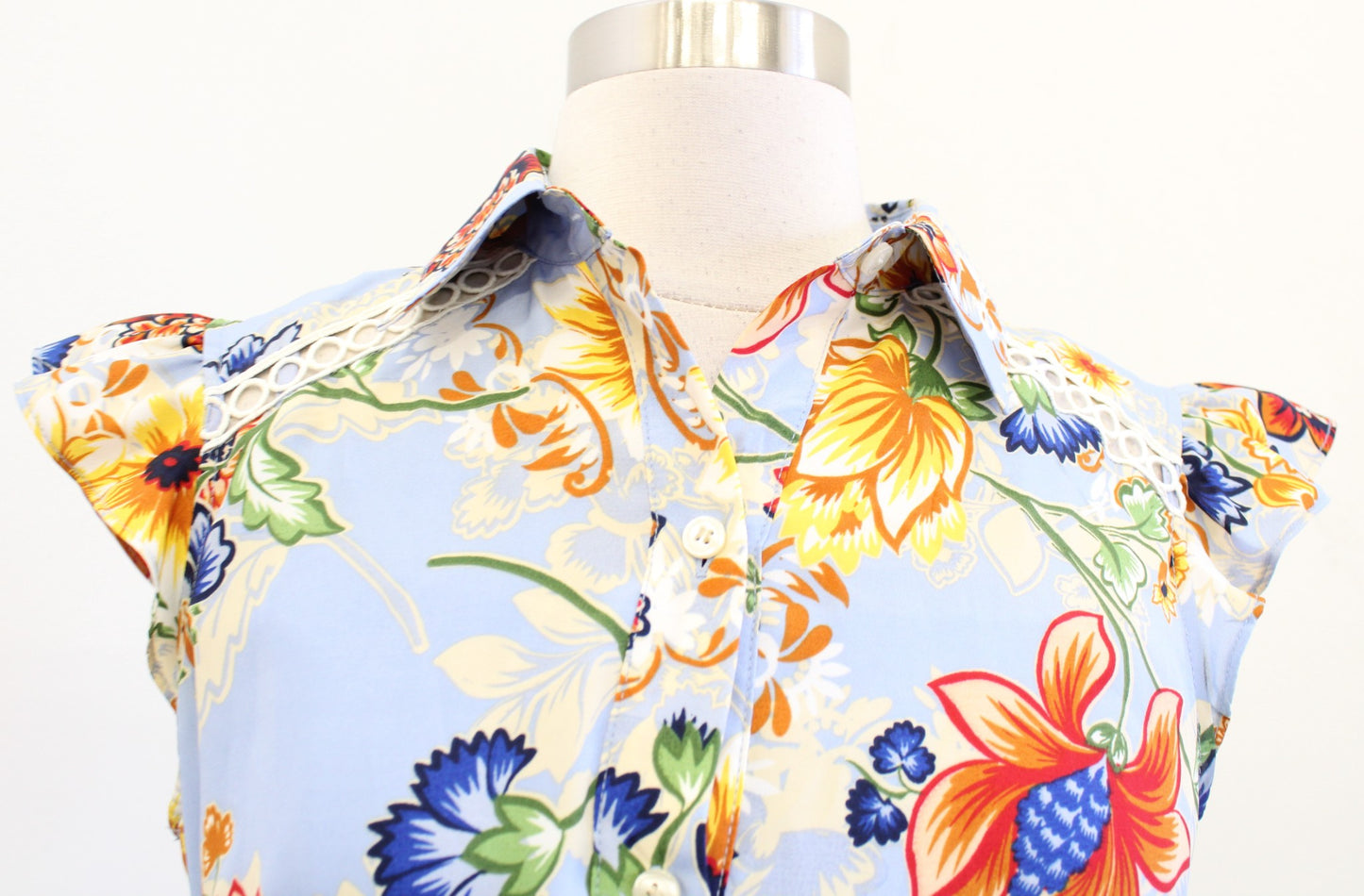 Tahari ASL Levine Blue Floral Flutter Sleeve Tie Waist Shirt Dress Size 2 Spring