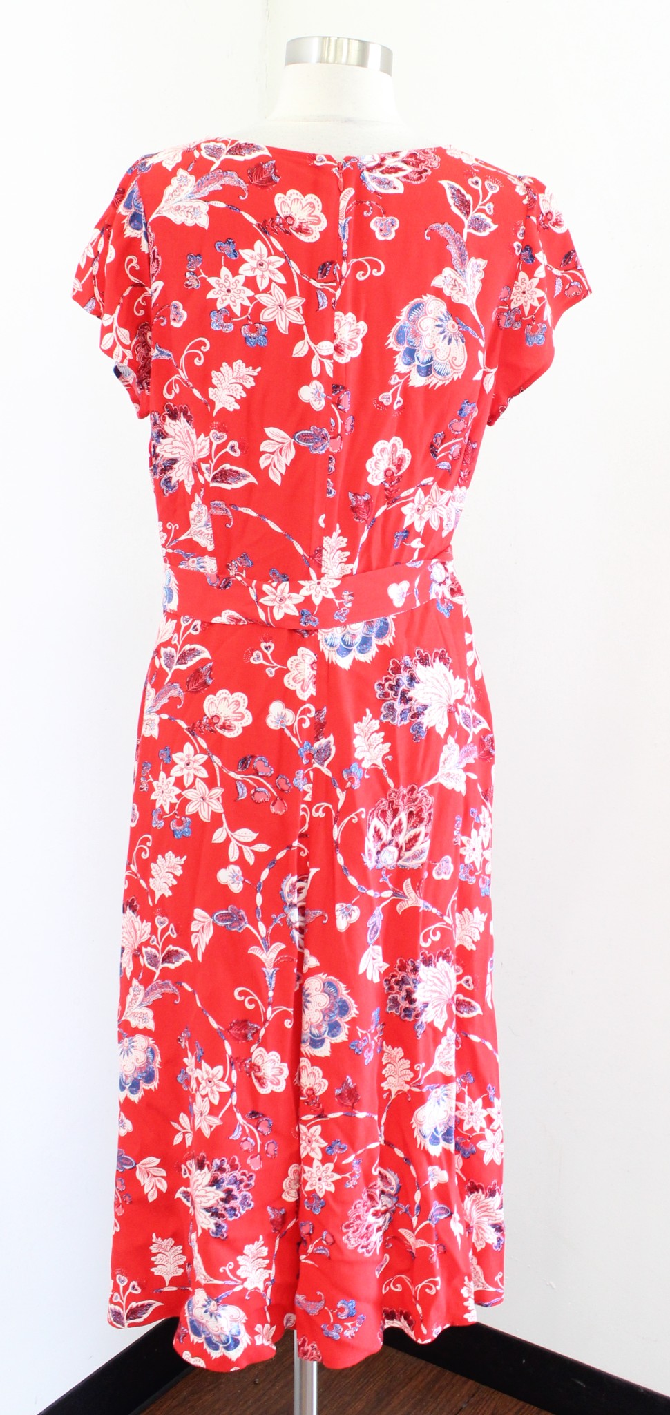 Talbots Red Blue Floral Tie Waist Belted Midi Shirt Dress Size 12 V Neck