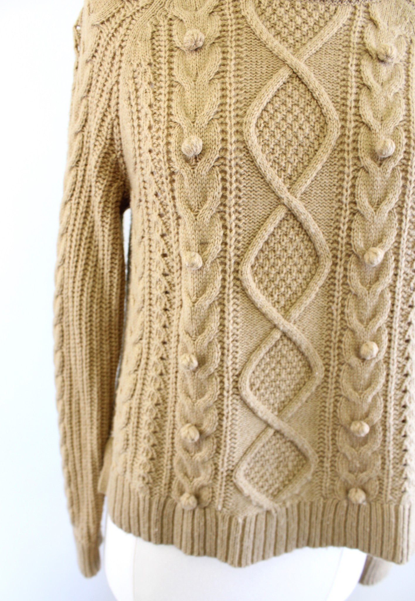 J Crew Womens Tan Pompom Cable Knit Pullover Sweater Size S Lambswool